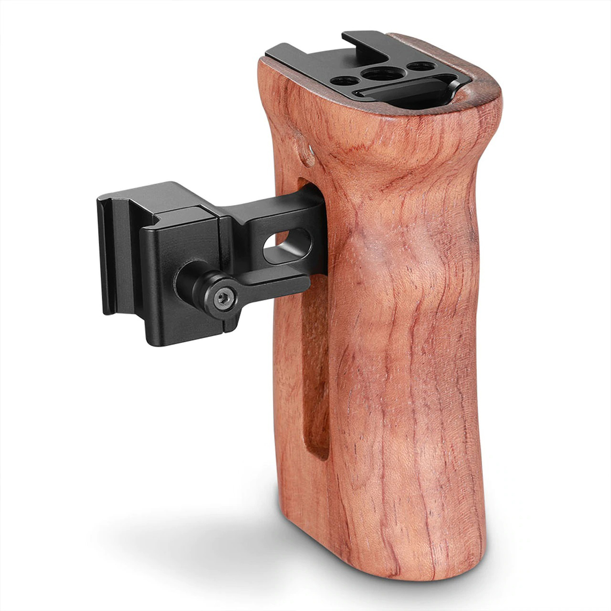 SmallRig 2187B seitlicher Holzgriff mit NATO-Klemme – Vorderansicht mit montierter Klemme und ergonomischem Griff