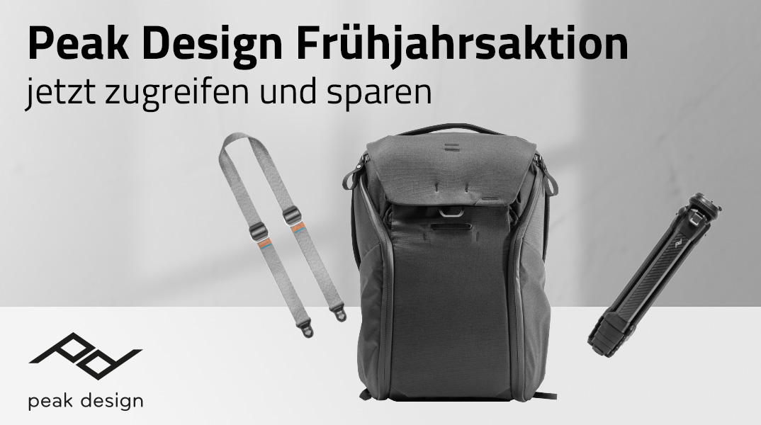 Peak Design Frühjahrsaktion 2026 – Headergrafik mit Text und Produktdarstellung von Rucksack und Zubehör