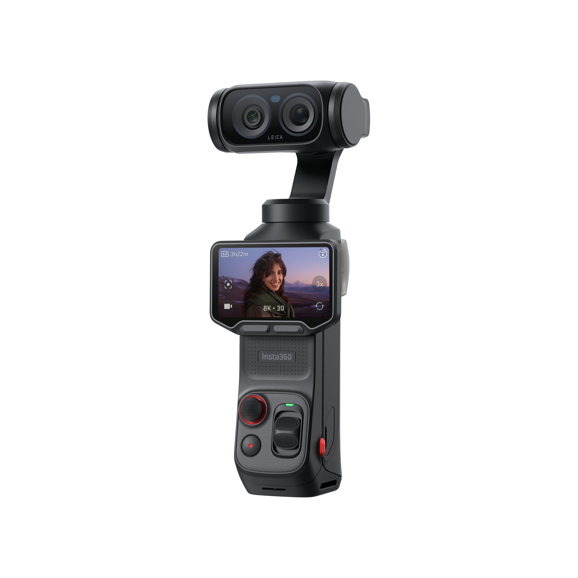 Insta360 Luna Ultra in Schwarz – schräge Vorderansicht mit Display, Bedienelementen und Leica-Kamera