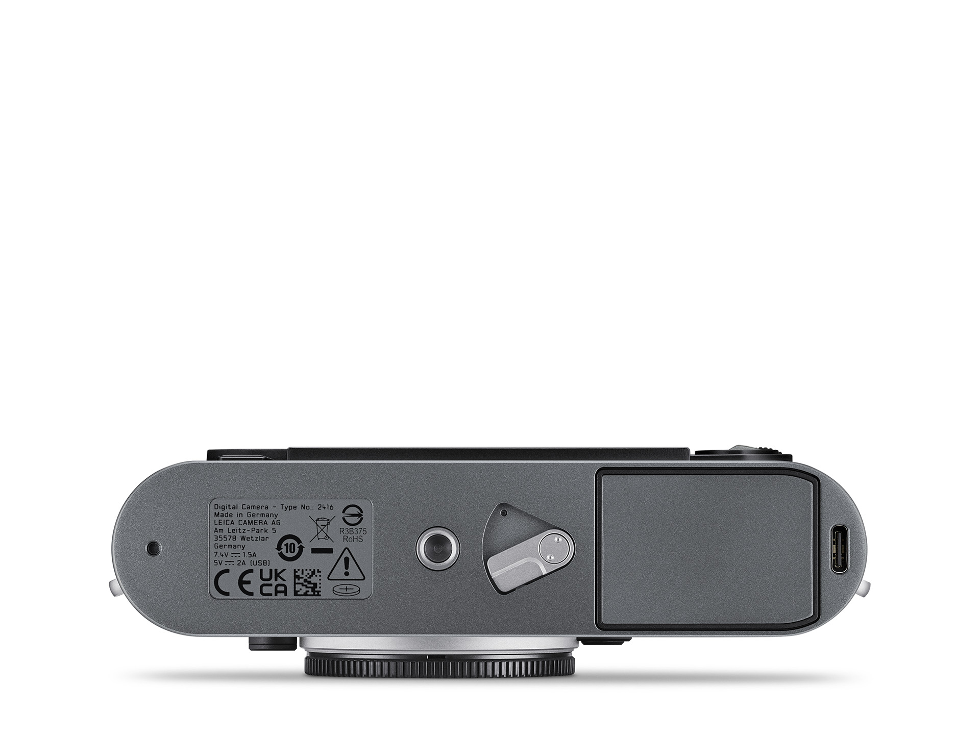 Unterseite der Leica M11-P in Metal Gray mit Akkuabdeckung und USB-C-Anschluss