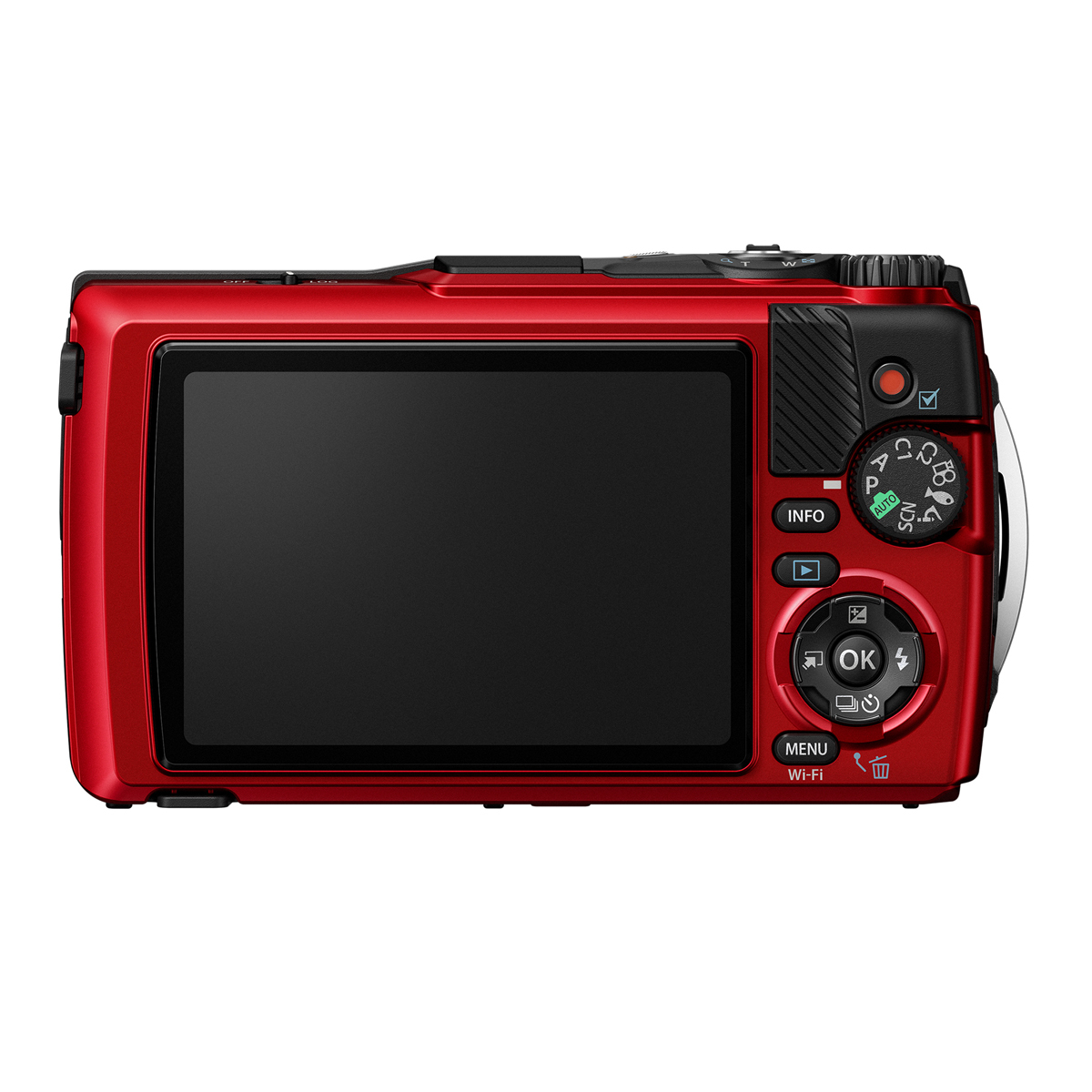 OM SYSTEM TG-7 Adventure Kit – Rückseite der Kamera mit Display und Bedienelementen.