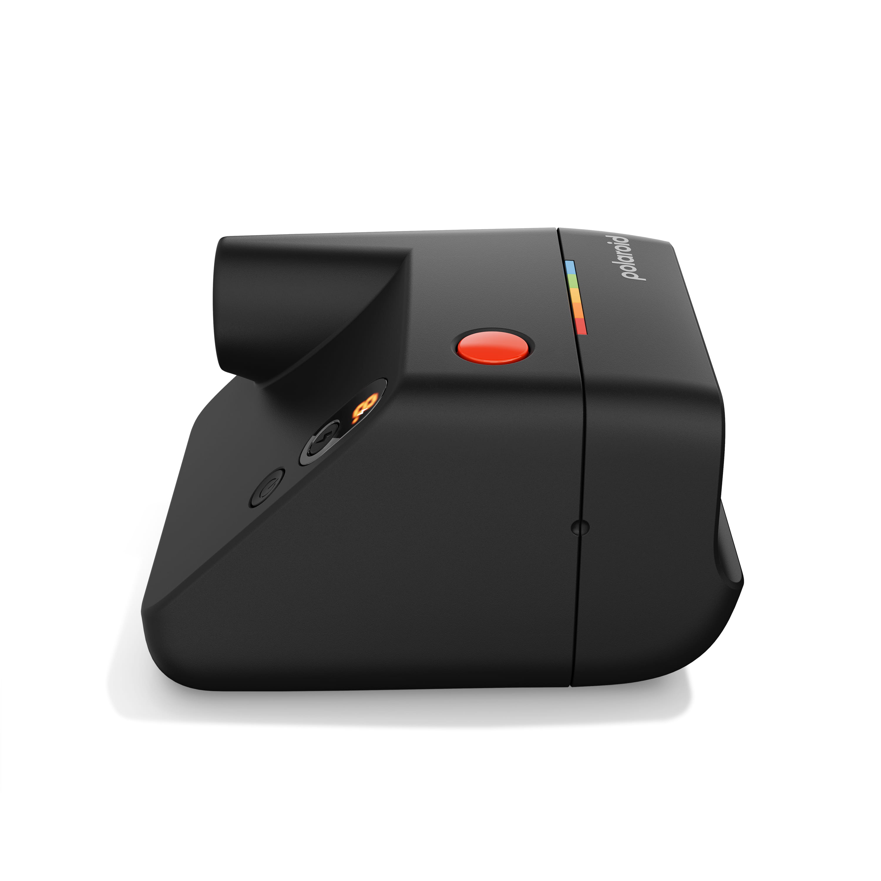 Linke Seitenansicht der Polaroid Go Generation 3 in Schwarz mit Gehäuseprofil und Bedienelementen