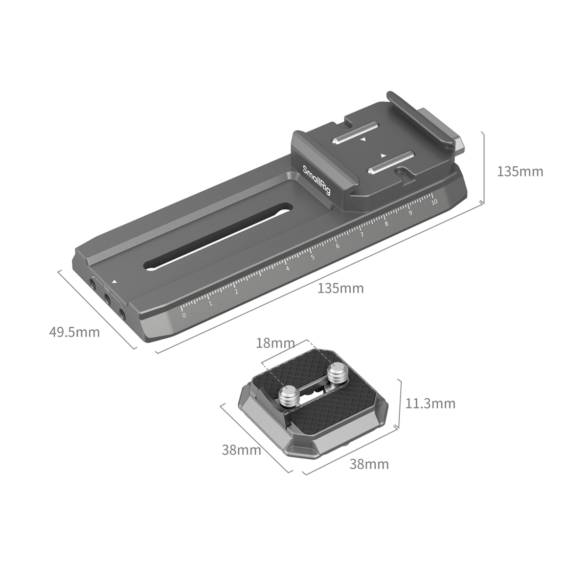 SmallRig HawkLock H38 Schnellwechselplatte – Detail mit Maßangaben zu Länge, Breite und Montageplatte