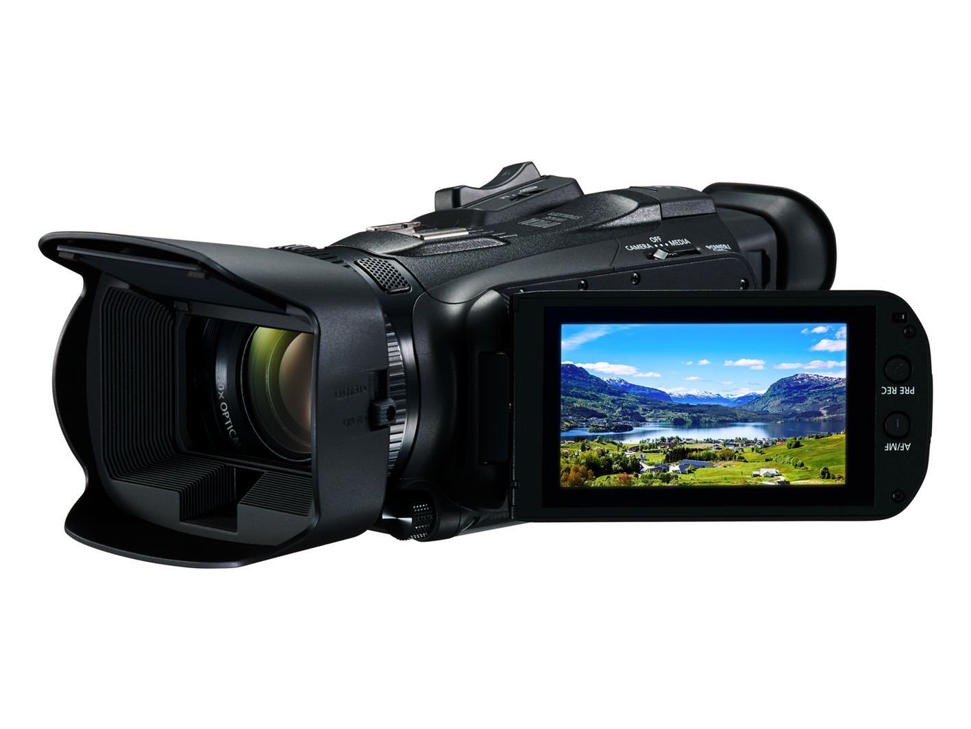 Canon Camcorder mit aufgeklapptem Display und Objektiv in schräger Vorderansicht