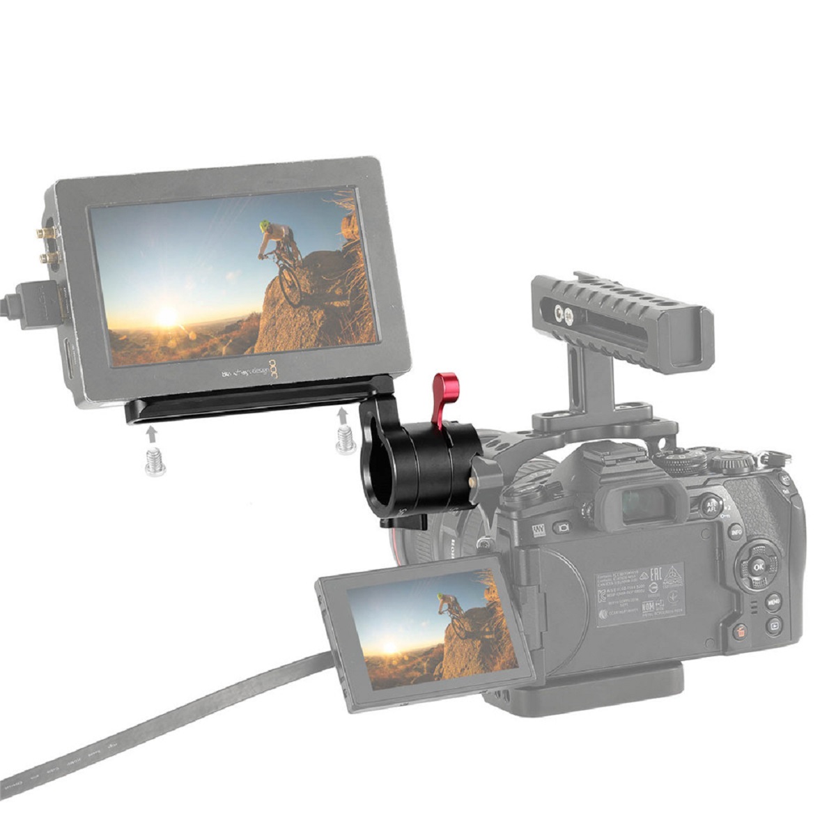 SmallRig 2113 EVF-Mount mit NATO-Schiene – montiert an Kamera mit externem Monitor zur flexiblen Positionierung