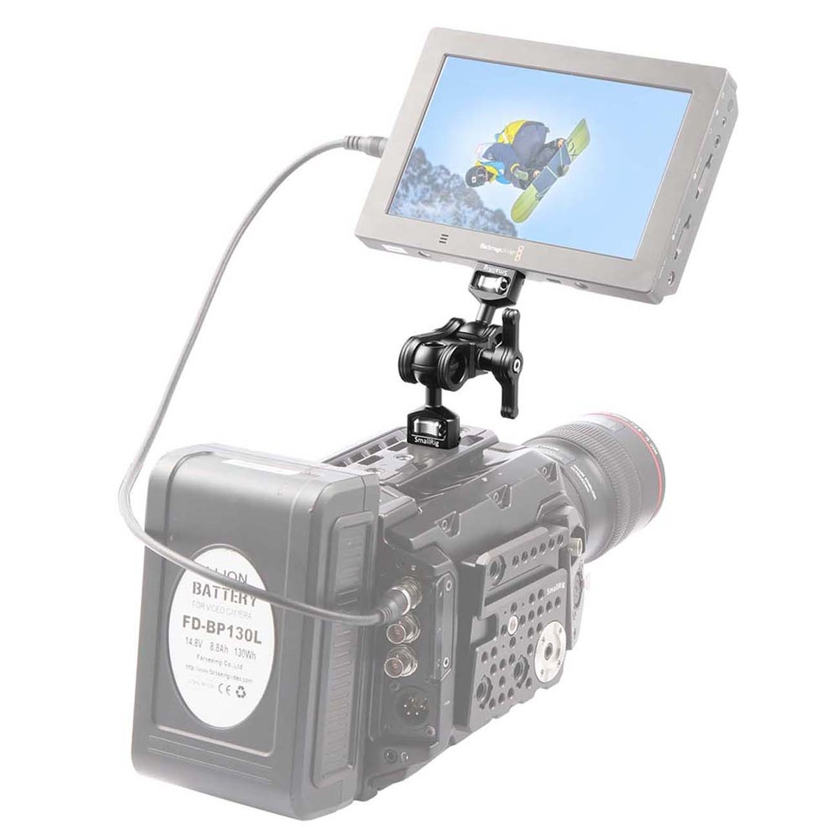 SmallRig 2070B Gelenkarm mit Doppelkugelkopf – montiert an Kamera mit Monitor zur flexiblen Ausrichtung