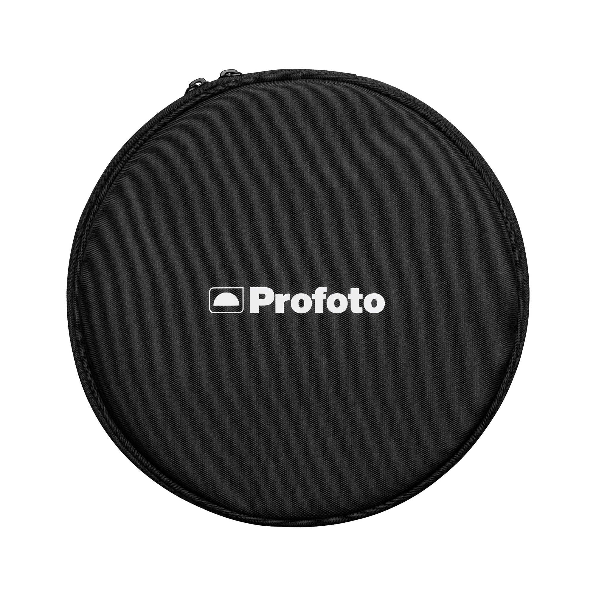 Runde Profoto Transporttasche in Frontansicht mit Reißverschluss und aufgedrucktem Profoto-Logo