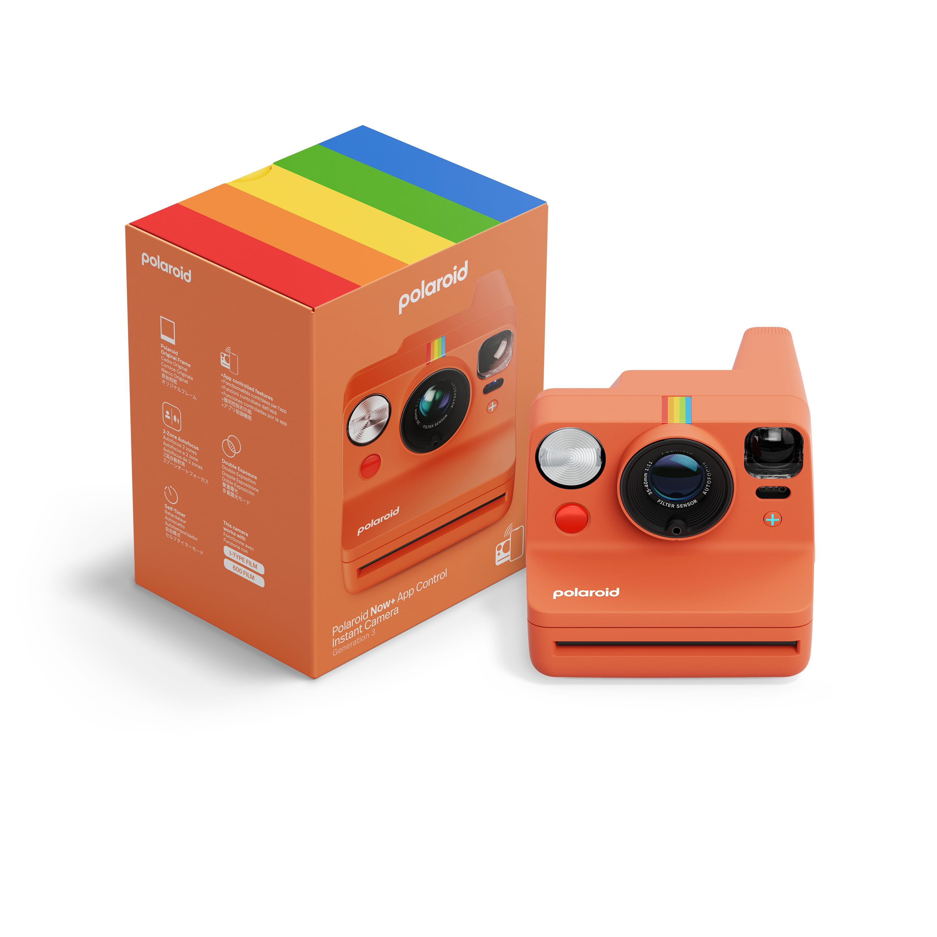 Polaroid Now Gen 3 Plus orange – Vorderansicht mit Kamera und Verpackung, Box mit farbigem Streifen oben