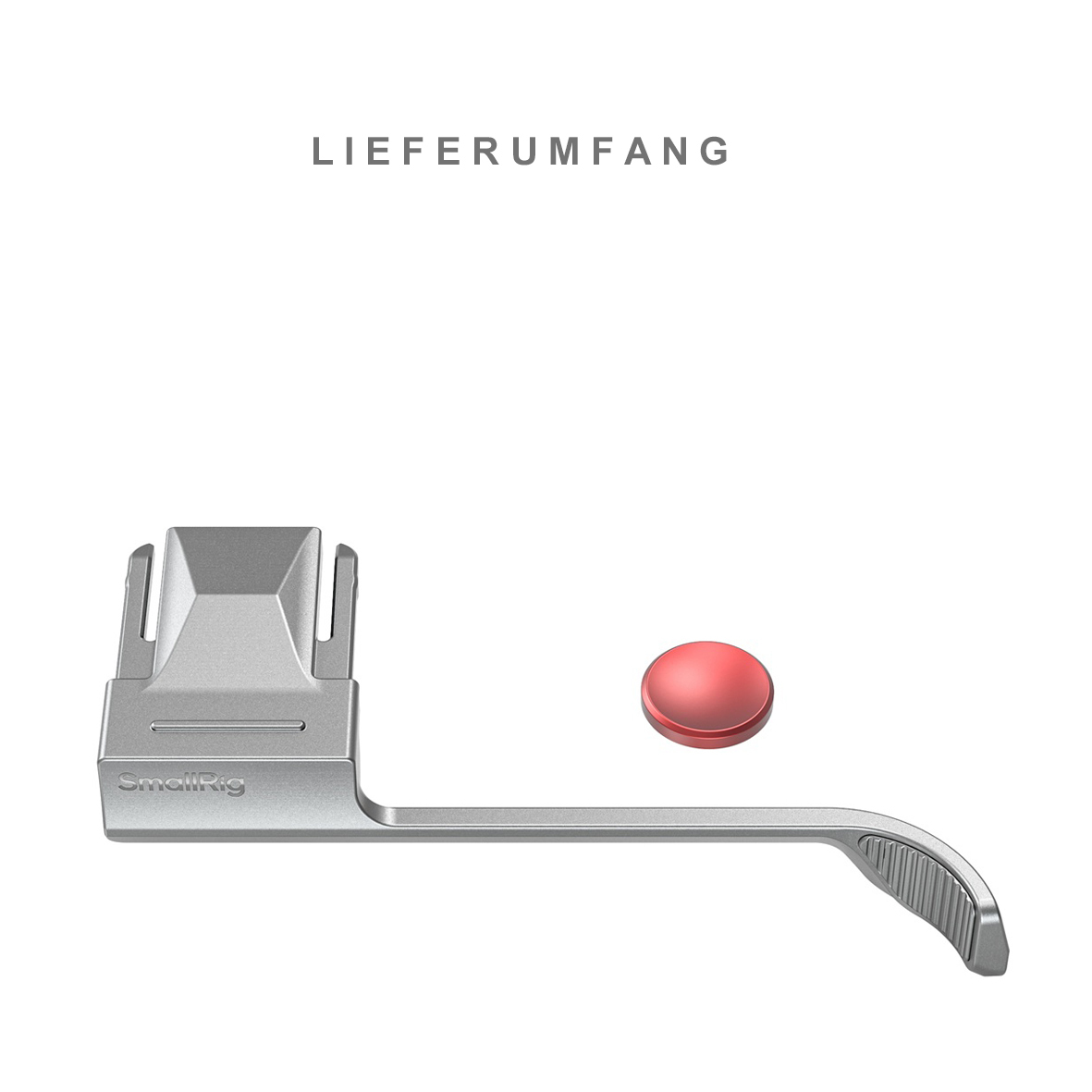 SmallRig 5451 Thumb Grip für Fujifilm X-E5 in Silber – Lieferumfang mit Daumenauflage und rotem Auslöseknopf