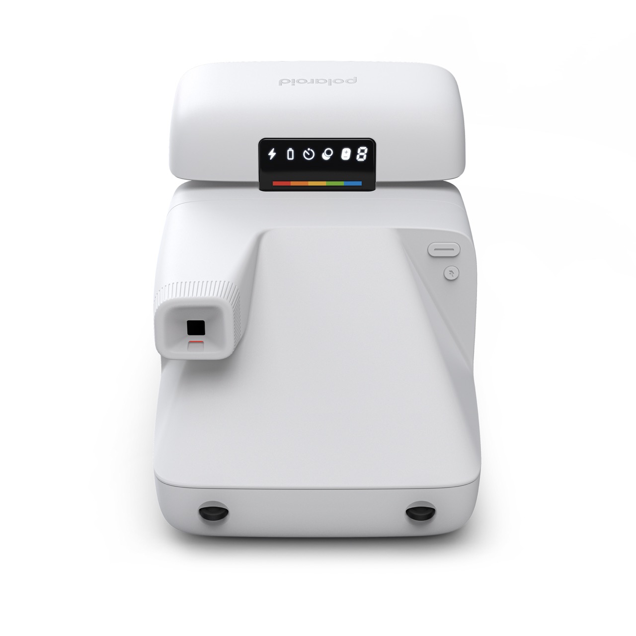 Polaroid Flip Sofortbildkamera in Weiß – Draufsicht mit Statusdisplay, Bedienelementen und integriertem Sucher