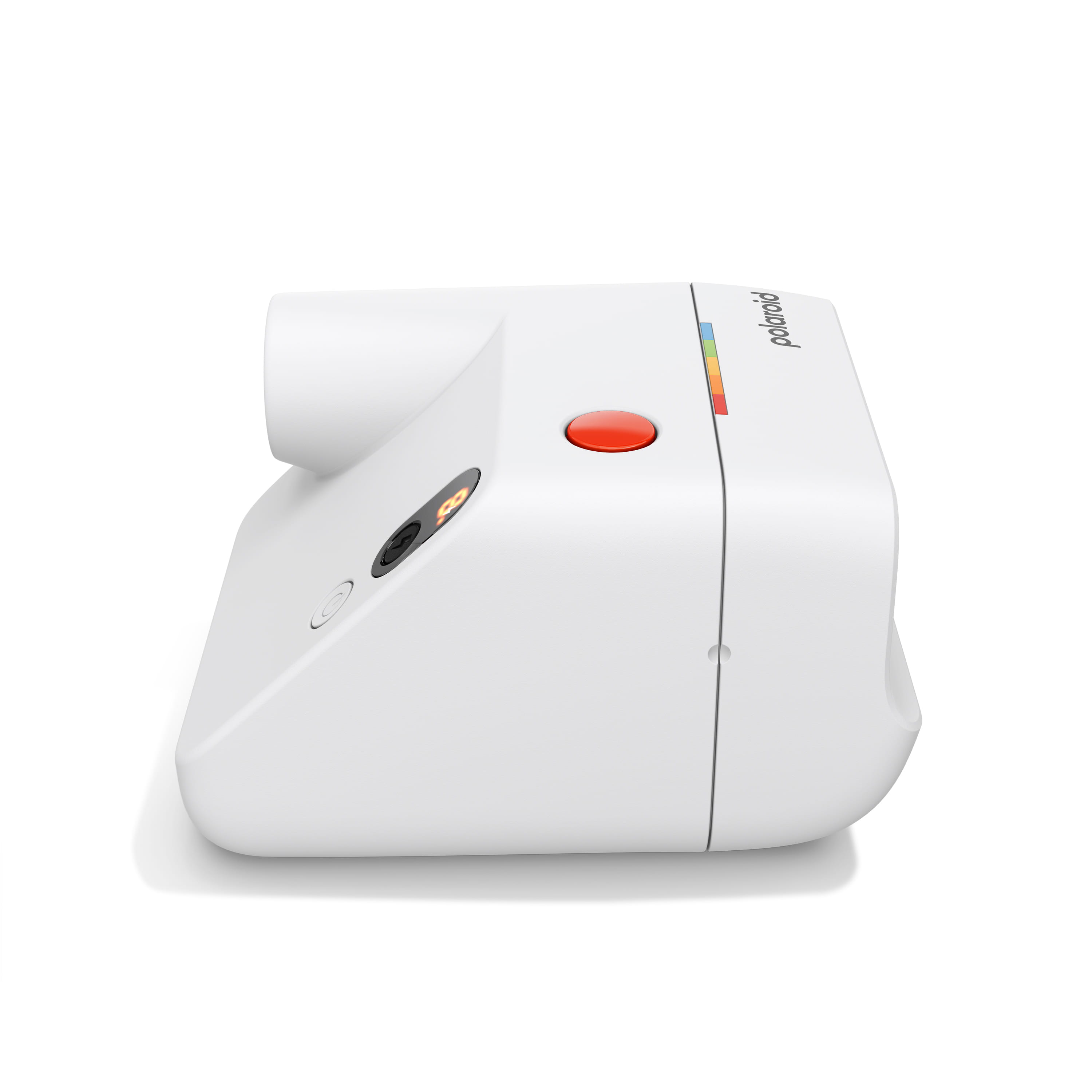 Linke Seitenansicht der Polaroid Go Generation 3 in Weiß mit Gehäuseprofil und Bedienelementen