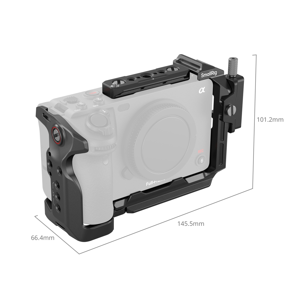 SmallRig 4183 Cage für Sony FX3 und FX30 mit Maßangaben für Höhe, Breite und Tiefe des Kamerarahmens