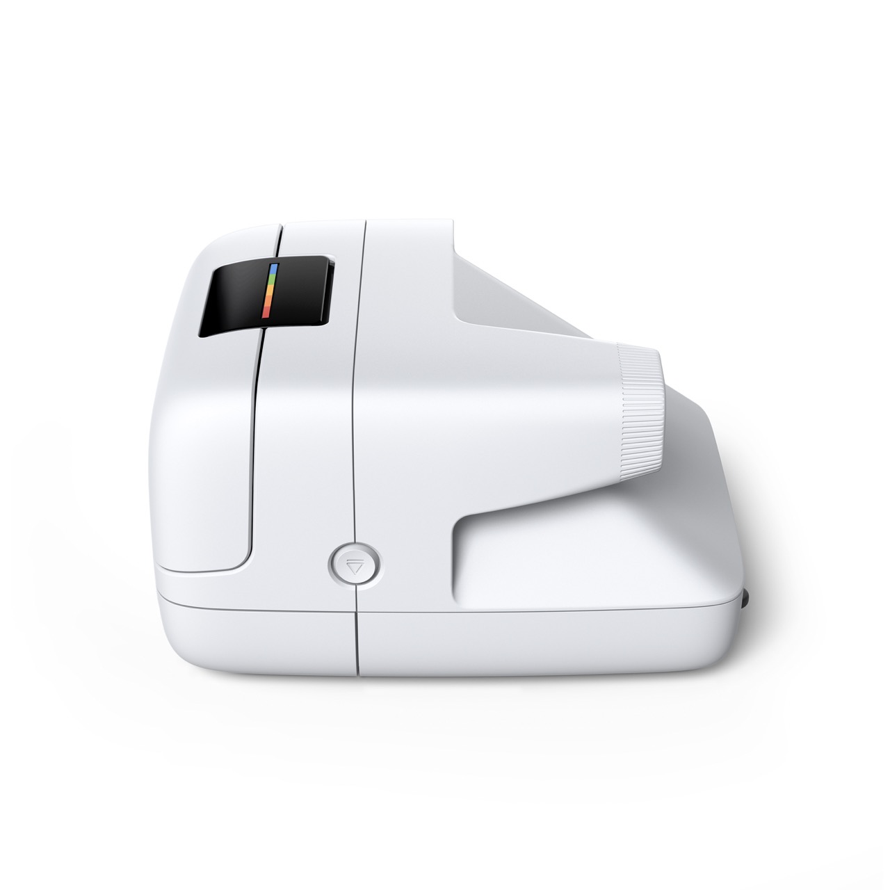 Polaroid Flip Sofortbildkamera in Weiß – rechte Seitenansicht mit Gehäuseform, Auslösetaste und seitlichen Bedienelementen