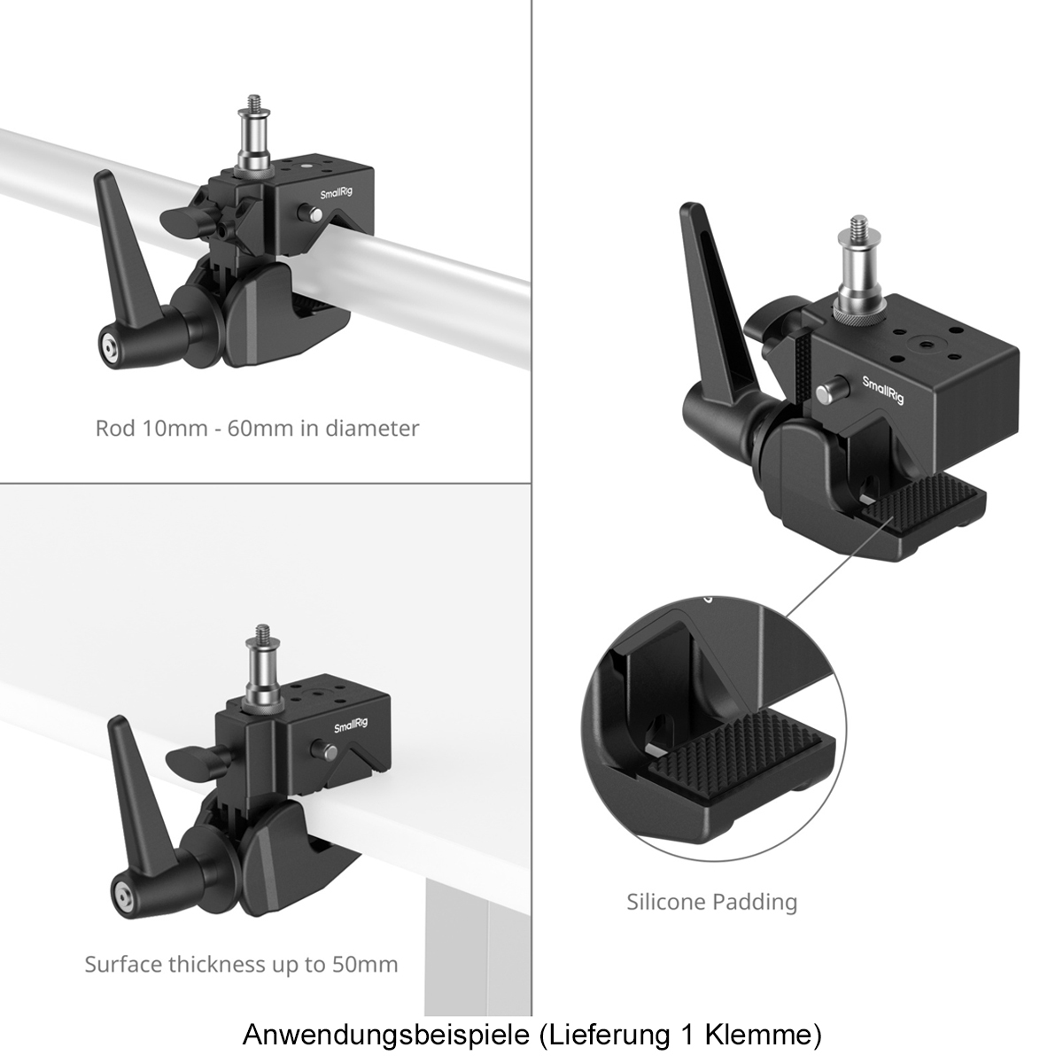 SmallRig 4861 Super Clamp Unterstützungskit – Anwendung an Stange und Tischkante mit rutschfester Auflage