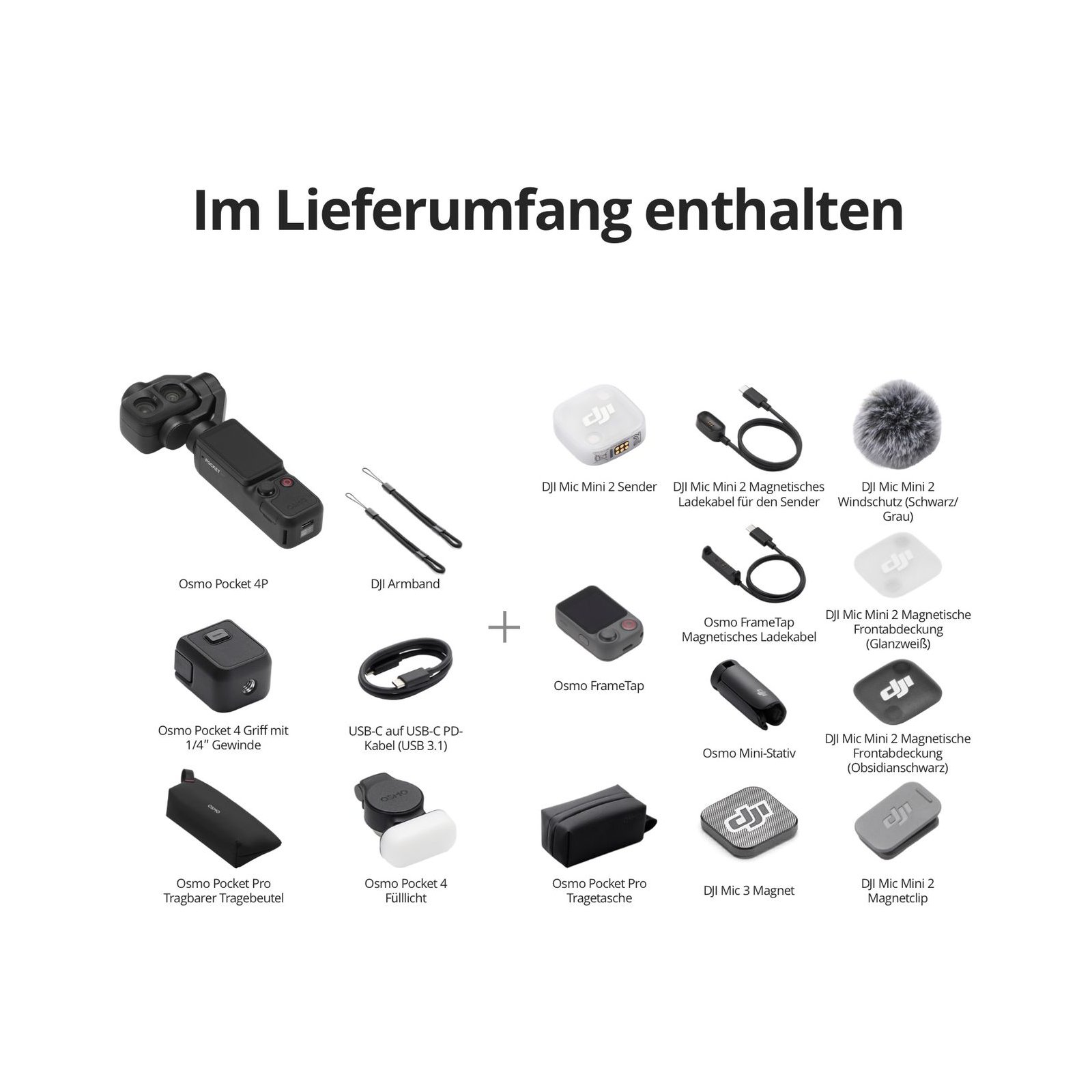 Komplettes Set mit Kamera, DJI Mic 2, Mini-Stativ, Zubehör und Transporttaschen.