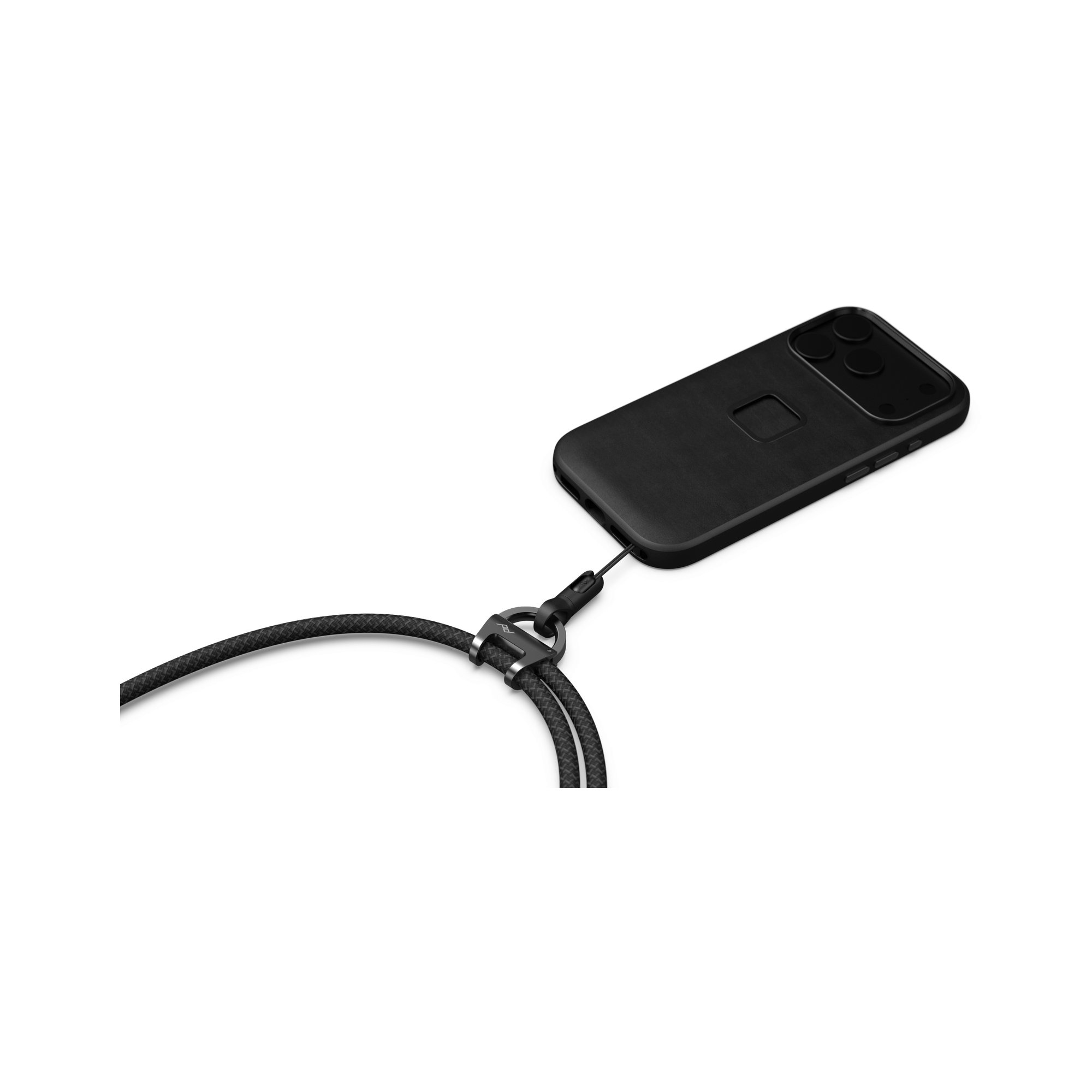 Detailansicht des Peak Design Mobile Crossbody Multi-Strap in Schwarz mit befestigter Smartphone-Hülle.