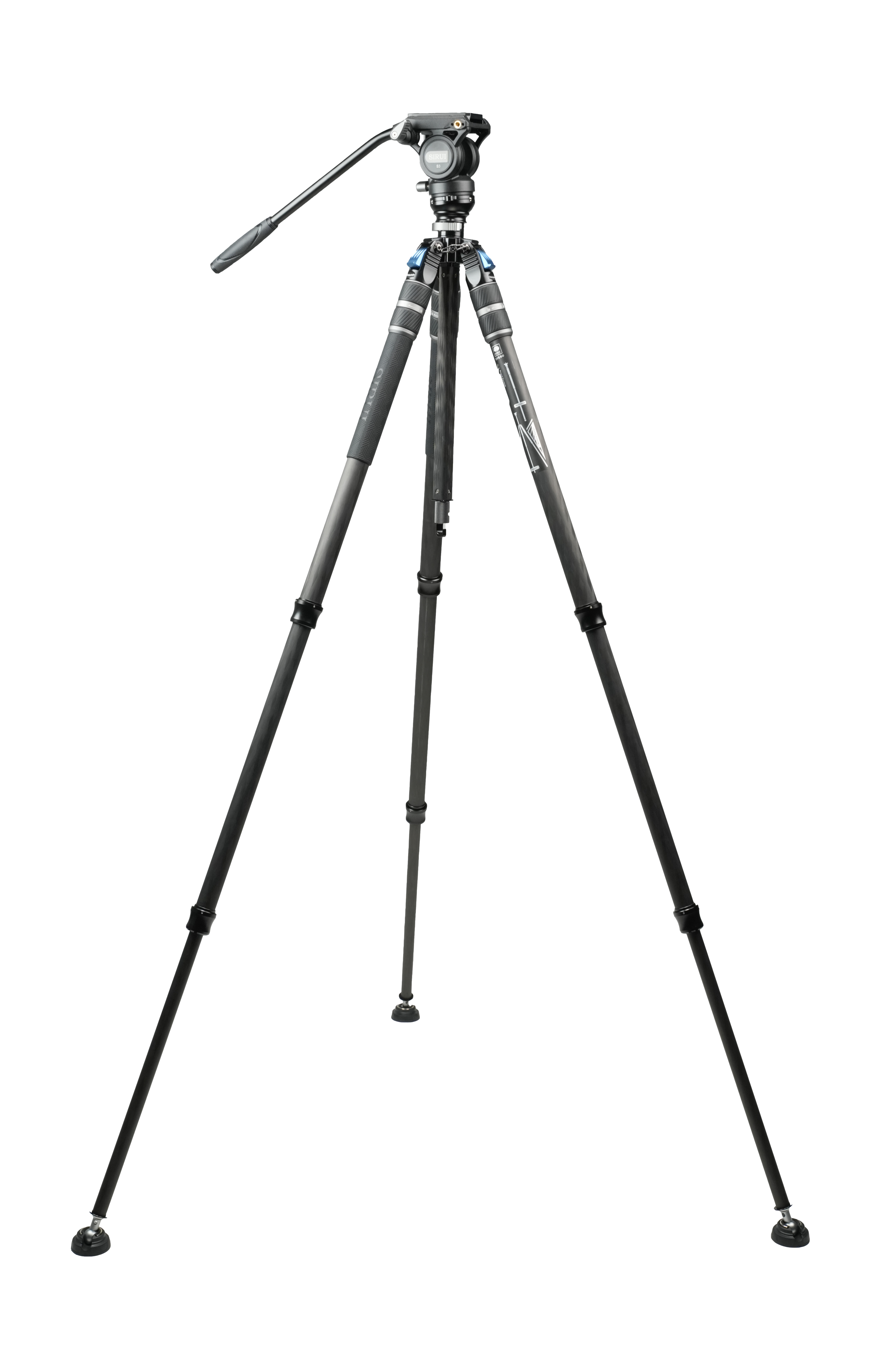 Sirui SVS-60 Carbon Stativ – vollständig ausgefahrene Ansicht mit S3-Videokopf für hohe Arbeitspositionen