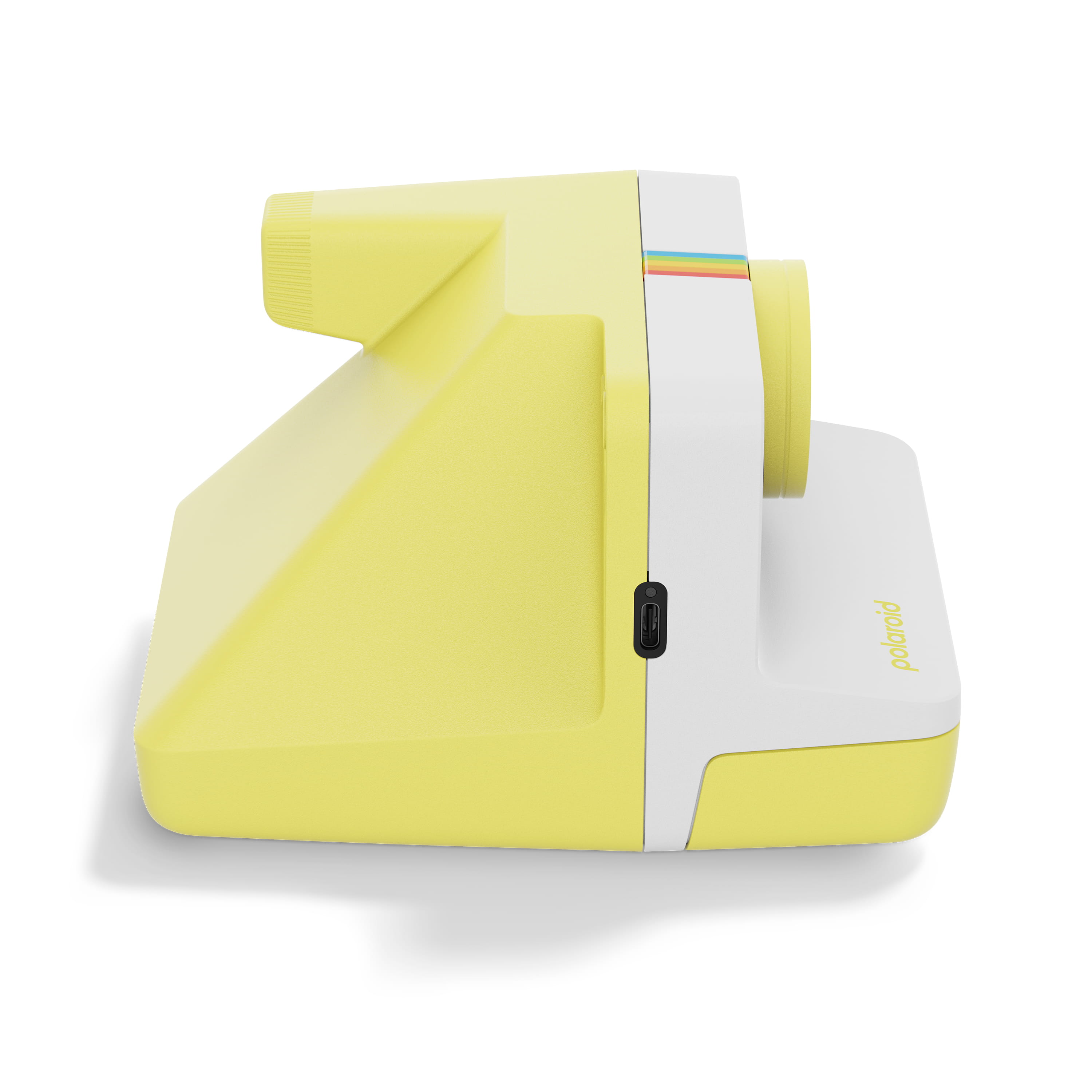 Polaroid Now Gen 3 gelb– linke Seitenansicht mit Gehäuseform, Anschluss und strukturiertem Griffbereich