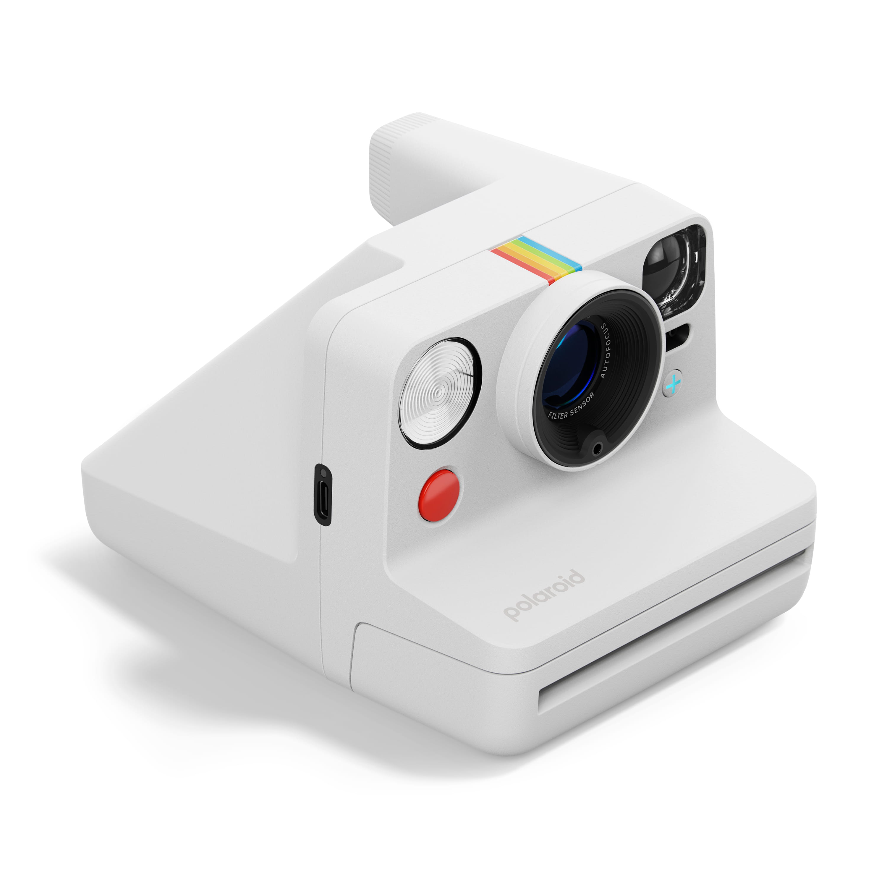 Polaroid Now Gen 3 Plus weiß – schräge Vorderansicht mit Objektiv, Blitz und Auslöser
