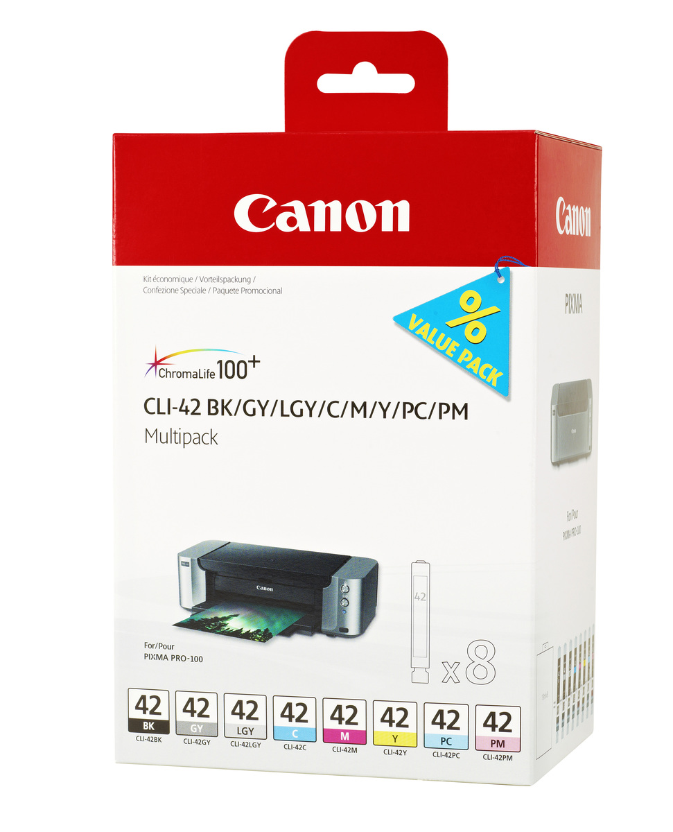 Canon CLI-42 Multipack – Vorderansicht der Verpackung mit acht Tintenpatronen für PIXMA Pro-100 Drucker