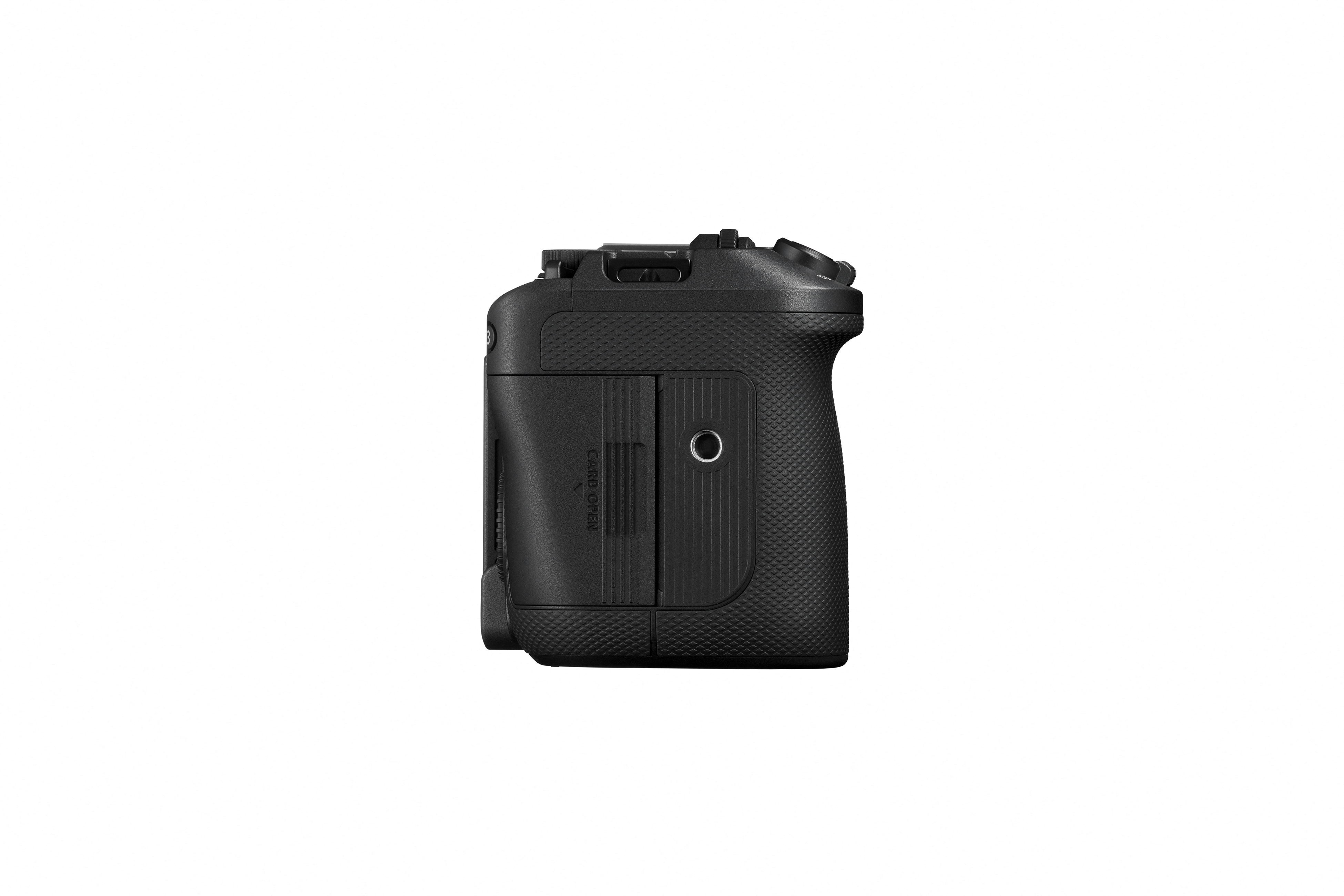 Canon EOS R6 V spiegellose Vollformatkamera mit Speicherkartenfach in linker Seitenansicht