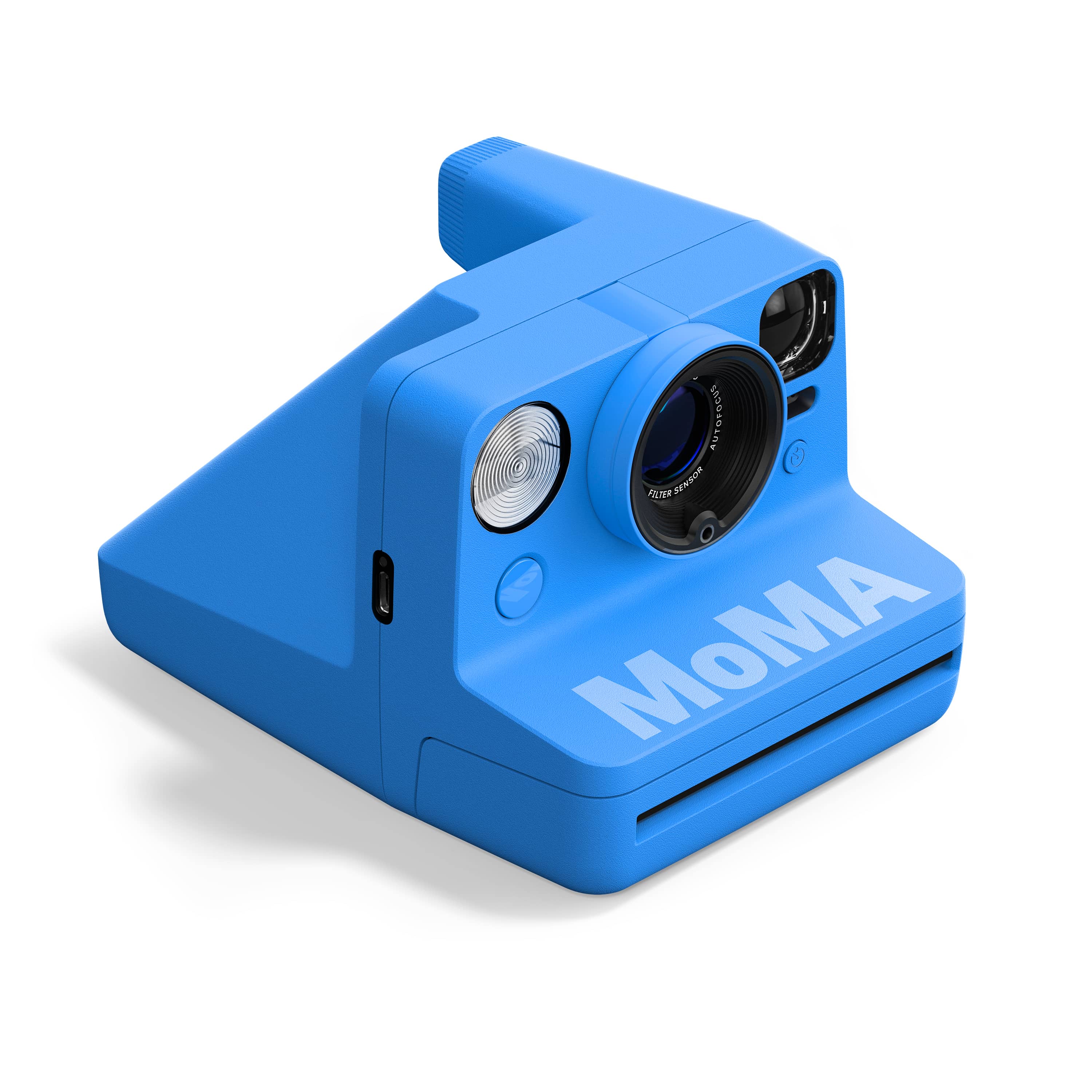 Polaroid Now Generation 3 MoMA Edition – schräge Vorderansicht mit Objektiv, Blitz und MoMA Branding
