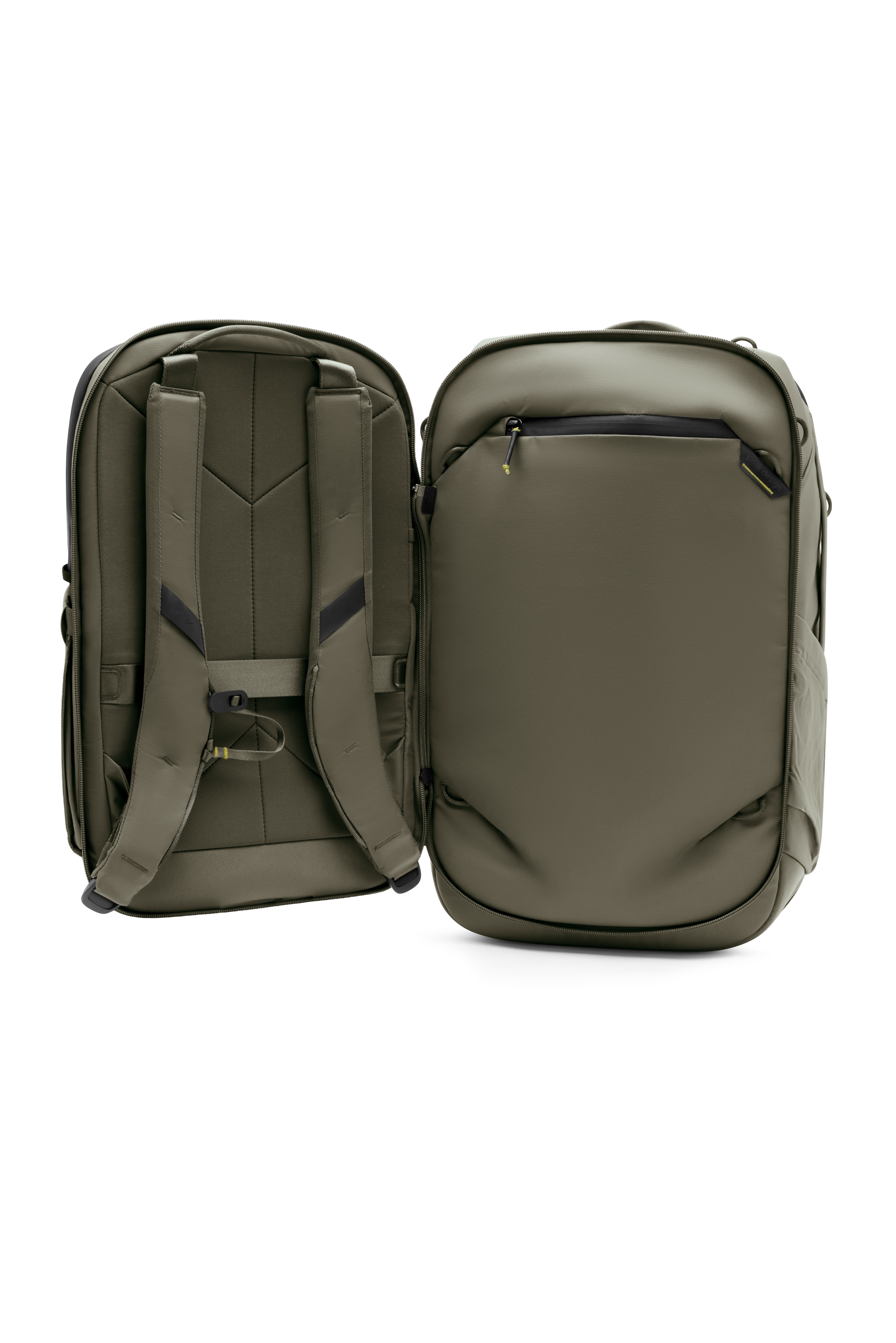 Geöffneter Peak Design Travel Backpack 20L in Stone mit hellem Innenraum und integrierten Organisationsfächern