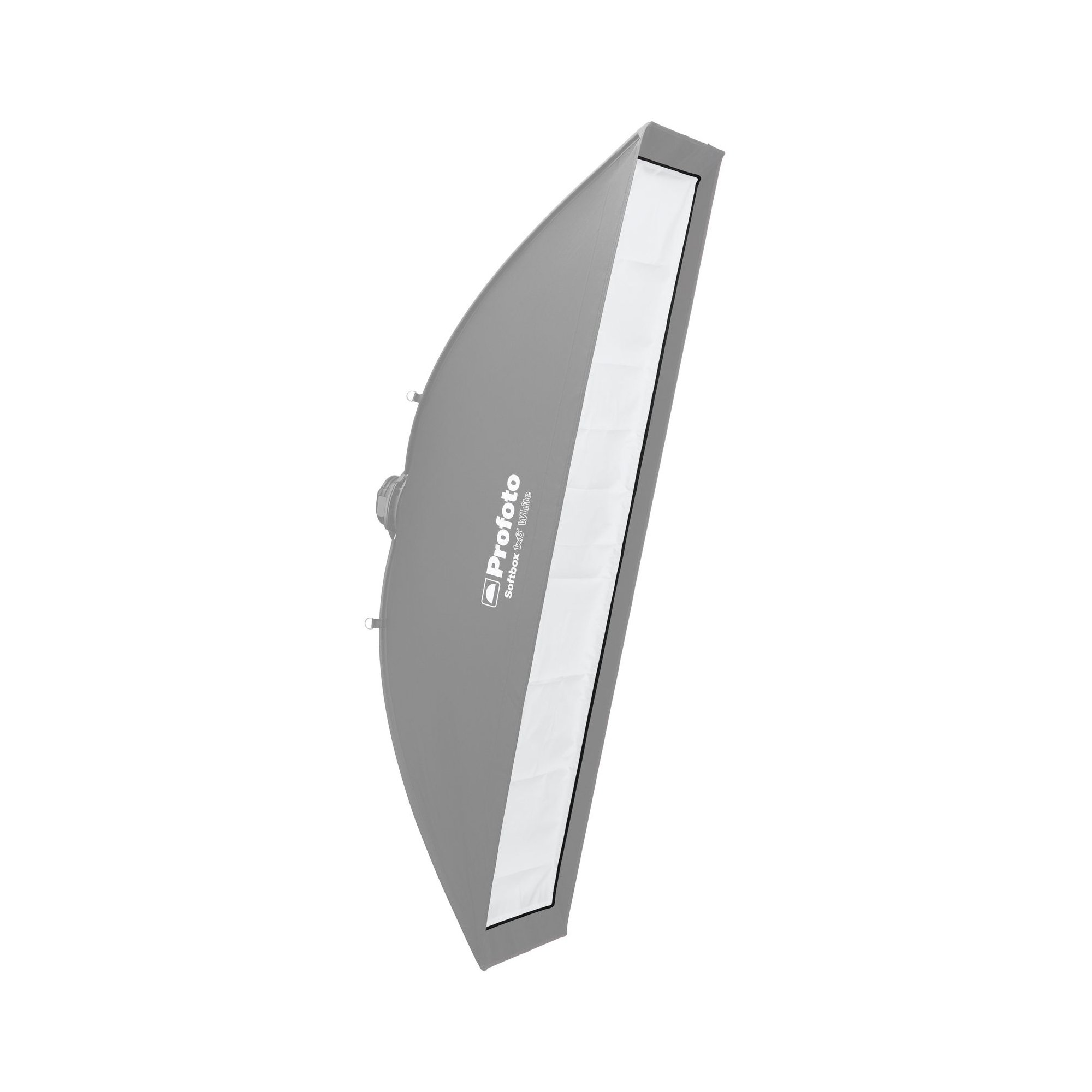 rofoto Softbox Strip 1x6 mit montiertem Frontdiffusor in schräger Seitenansicht für weiche, gleichmäßige Ausleuchtung.