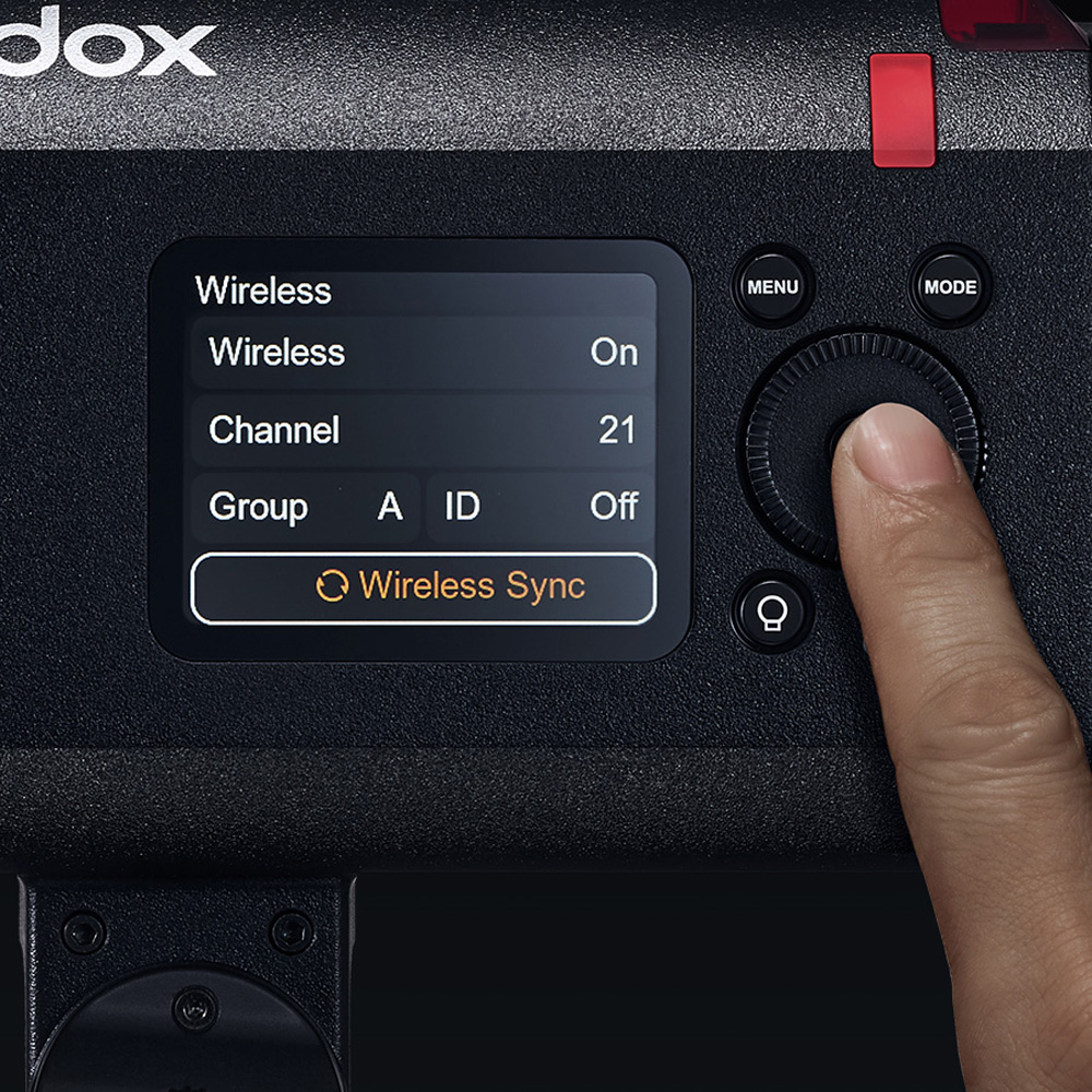 Detailansicht des Displays und Bedienrads des Godox Witstro AD600BM II Studioblitzes