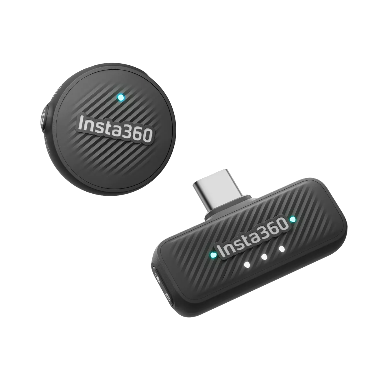 Insta360 Mic Air Sender und Empfänger – schräge Ansicht des Funkmikrofons mit USB-C Empfänger und Statusanzeigen