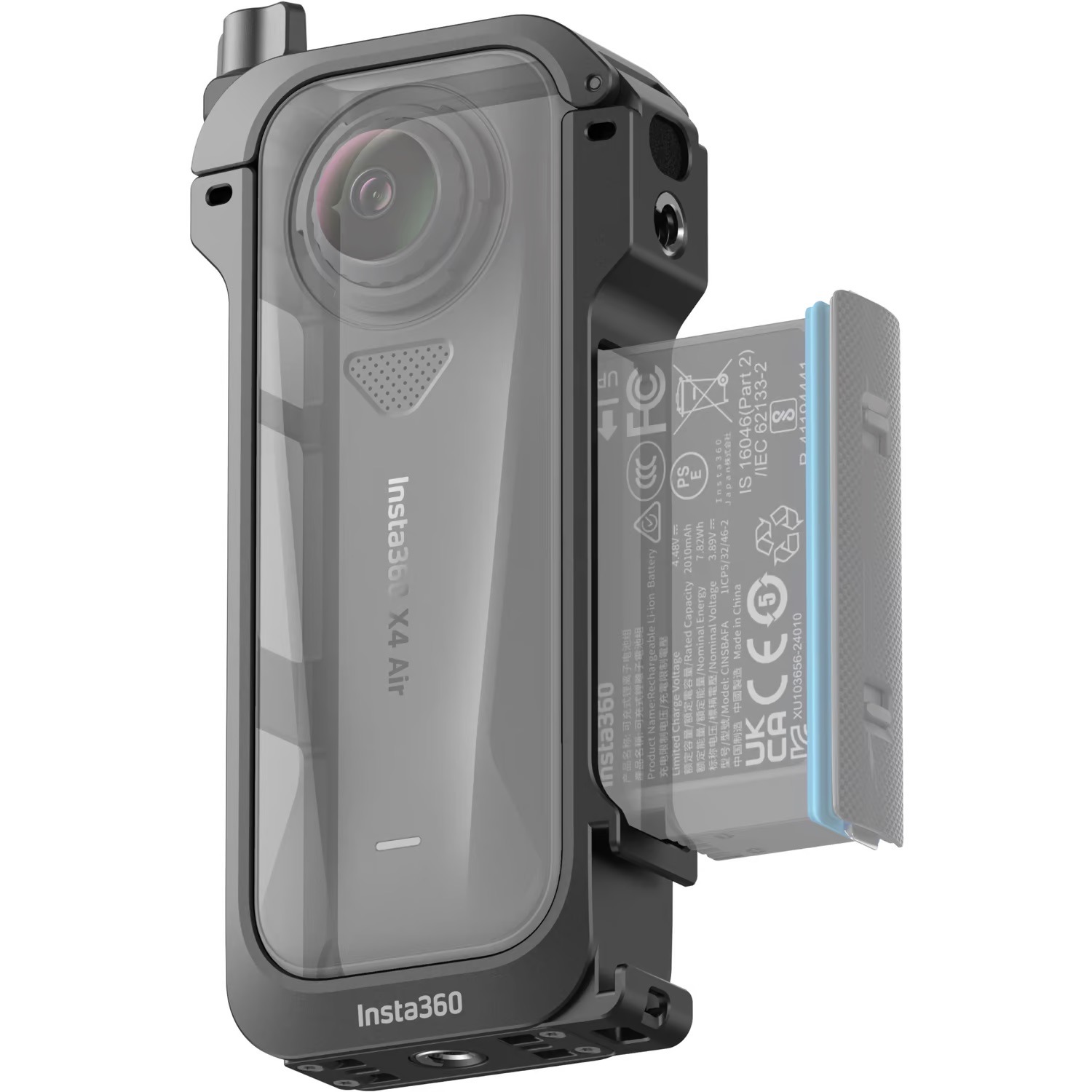Multifunktionsrahmen für Insta360 X4 Air Multifunktionsrahmen der Insta360 X4 Air mit eingesetztem Akku in seitlicher Detailansicht