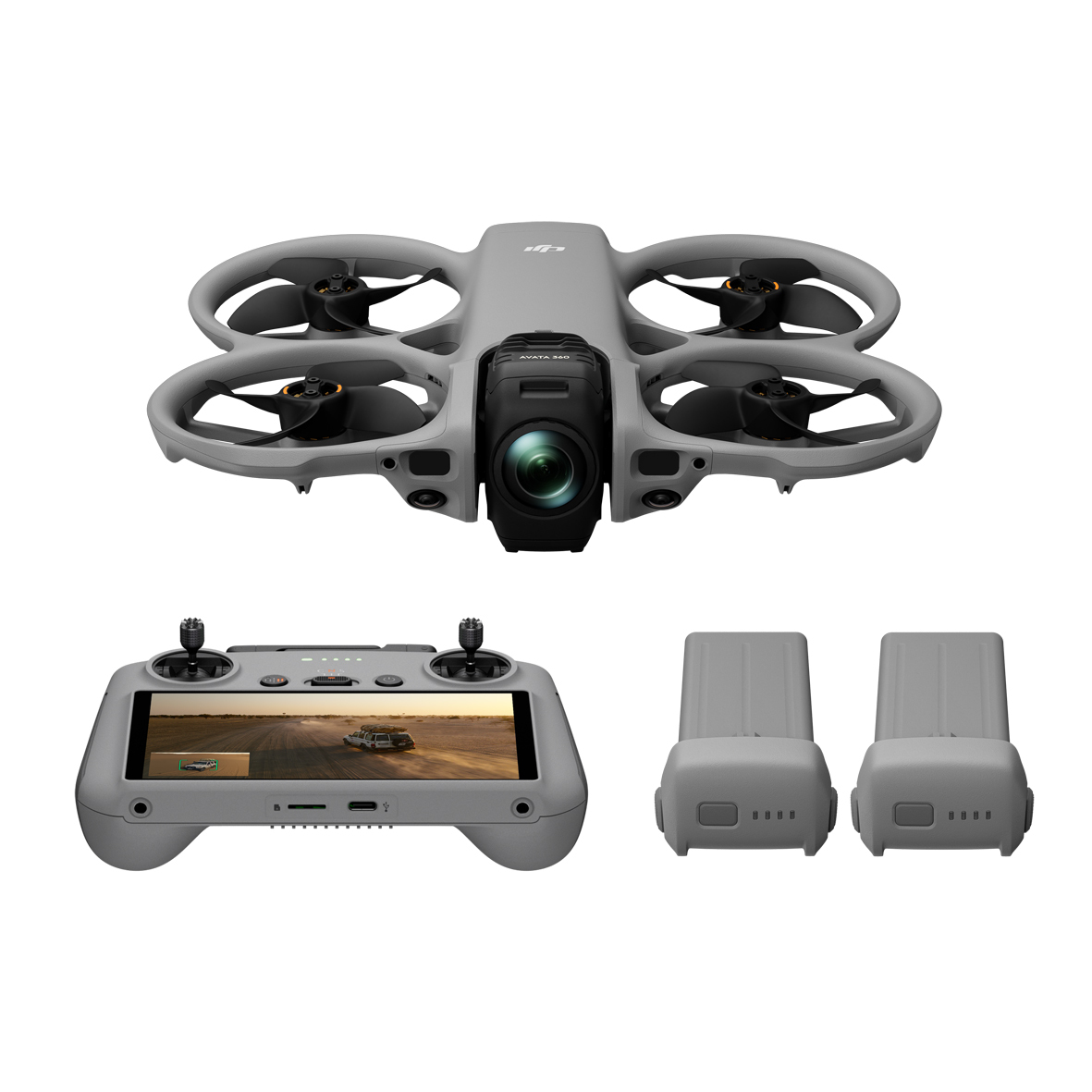 DJI Avata 360 Fly More Combo – Frontansicht von Drohne, Fernsteuerung mit Display und zwei Akkus