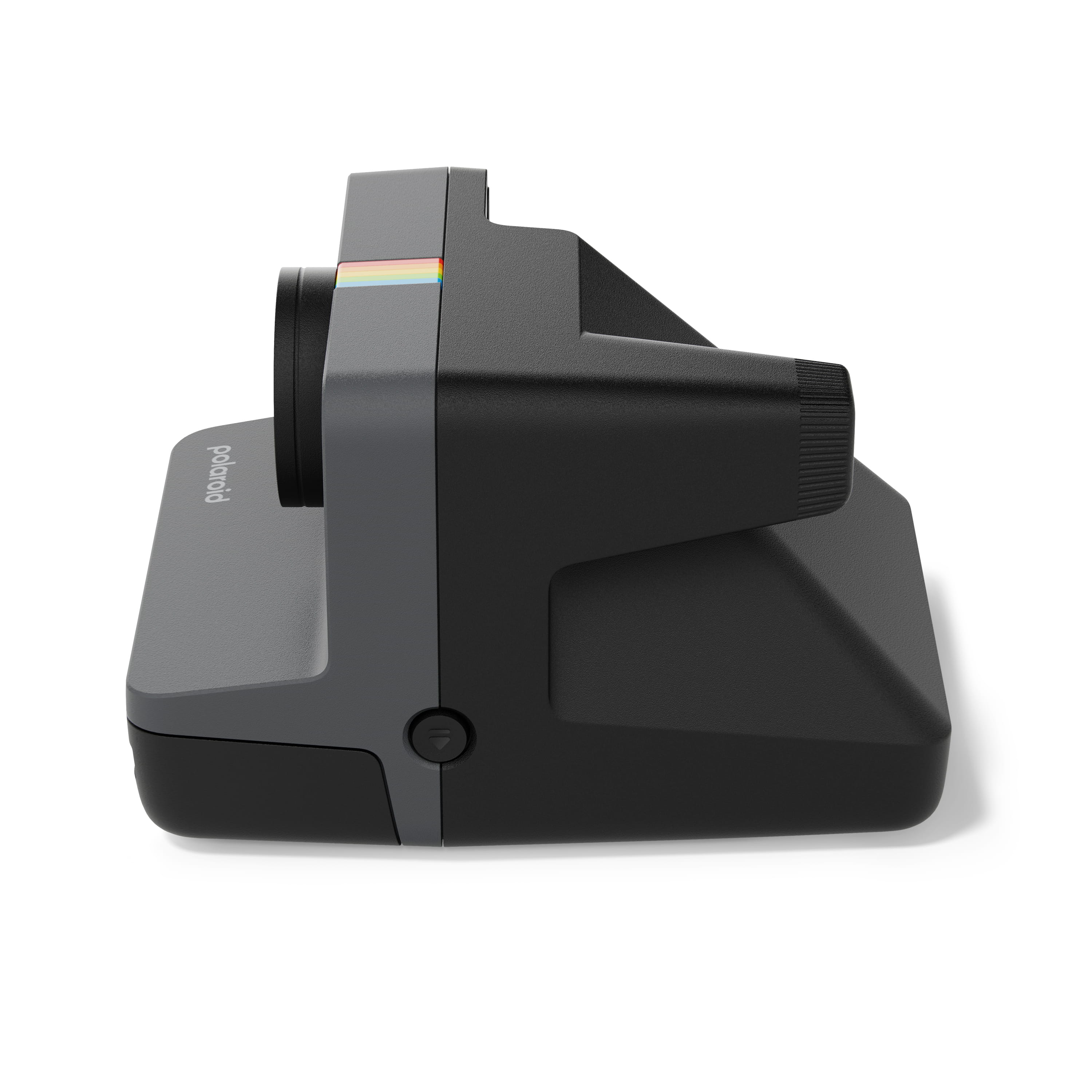 Polaroid Now Gen 3 schwarz – rechte Seitenansicht mit Objektivgehäuse und charakteristischer Bauform