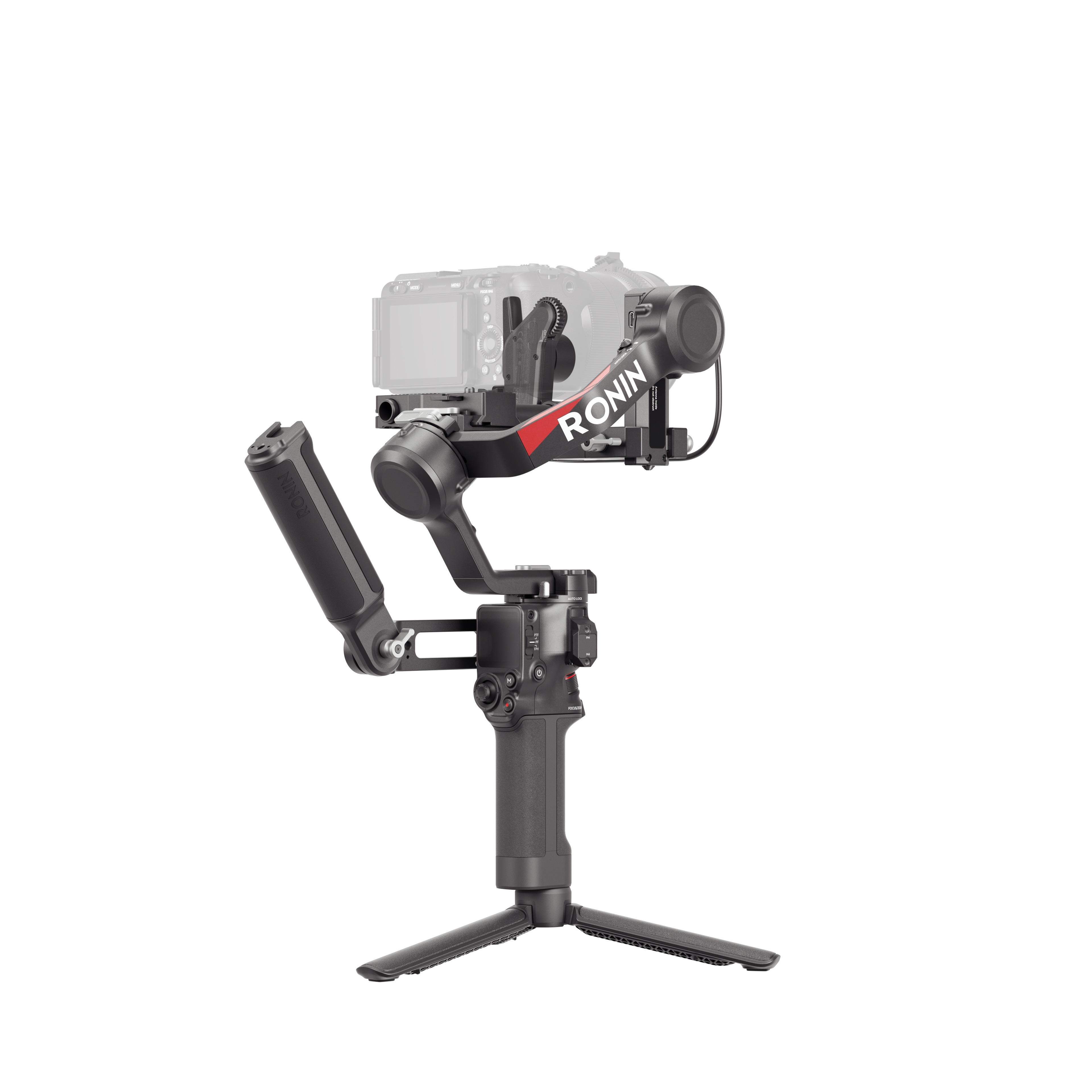 DJI RS 4 Gimbal mit Griff und Tripod, von Hinten links