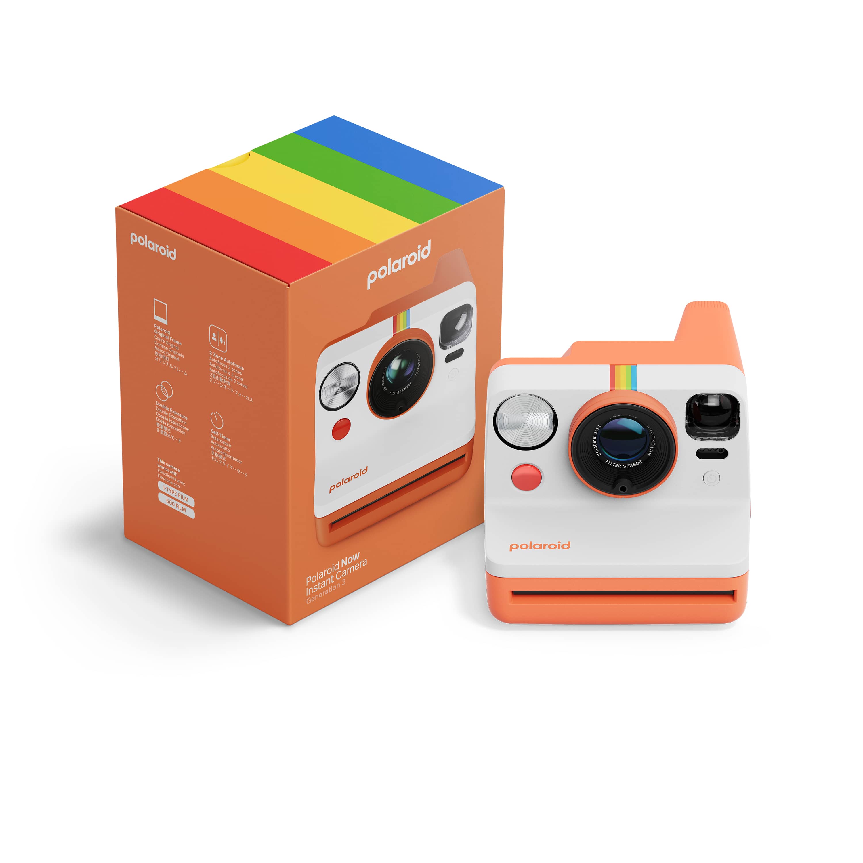 Polaroid Now Gen 3 coral – Vorderansicht mit Kamera und Verpackung, Produktbox mit farbigem Streifen oben