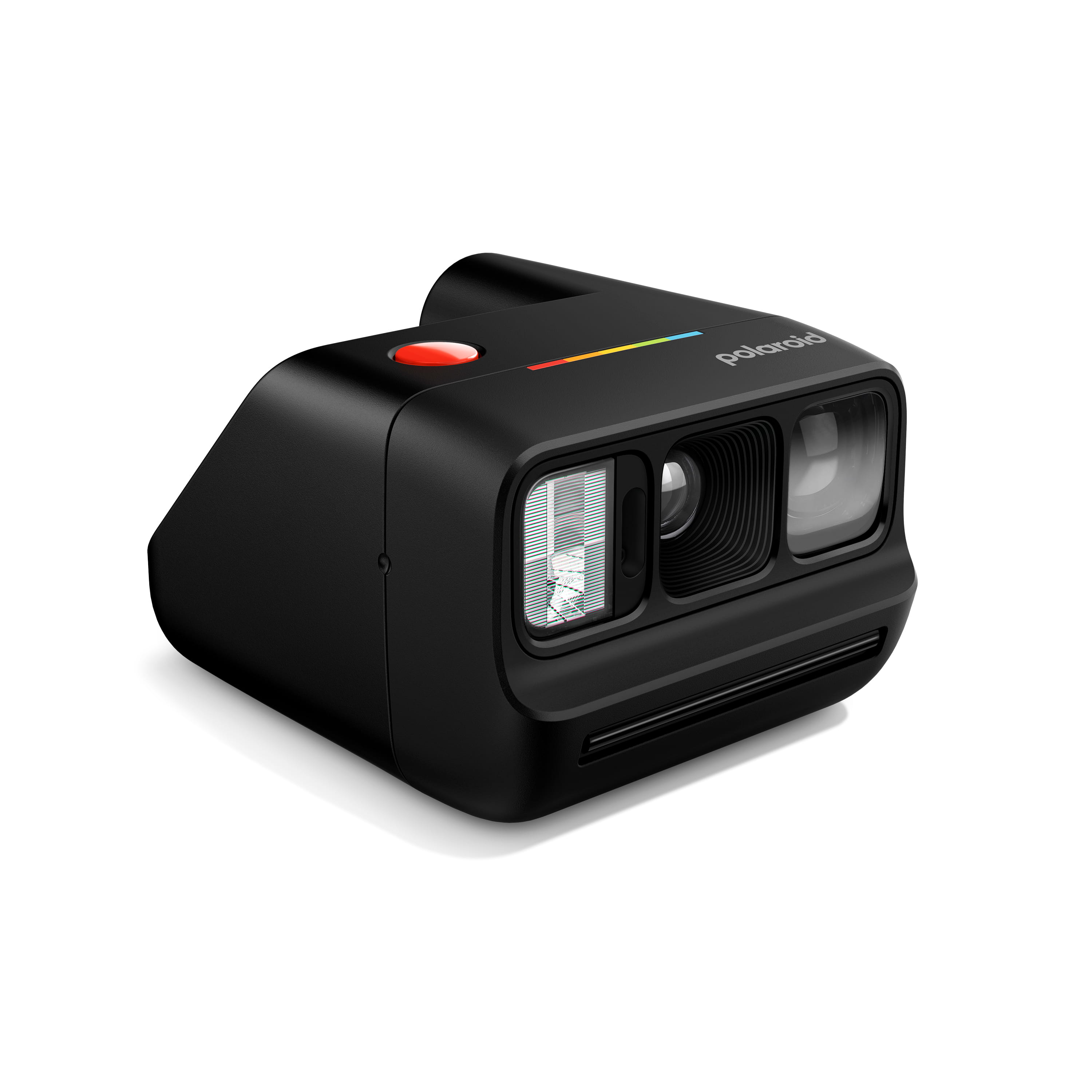 : Polaroid Go Generation 3 in Schwarz in schräger linker Vorderansicht mit Objektiv und Filmausgabe