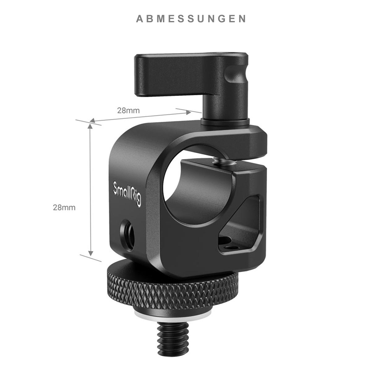 SmallRig Single Rail Block 15mm Stativadapter – Detail mit Maßangaben zu Höhe, Breite und Klemmbereich