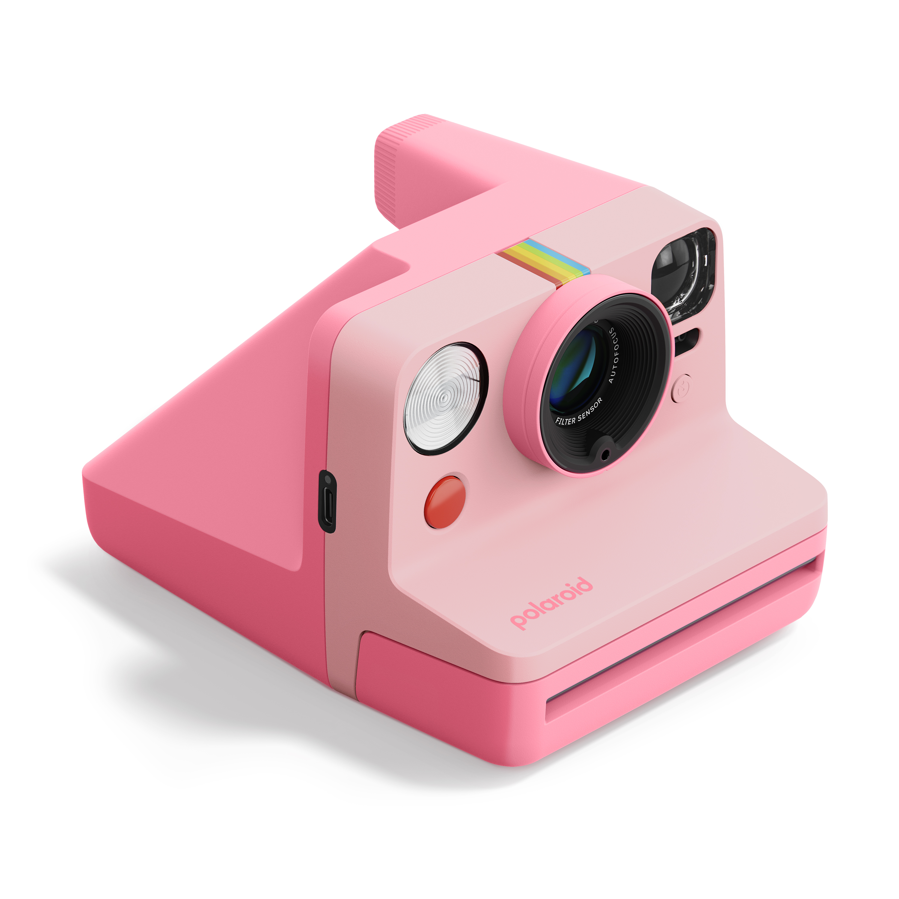 Polaroid Now Generation 3 in Pink – schräge Vorderansicht mit Objektiv und Blitz