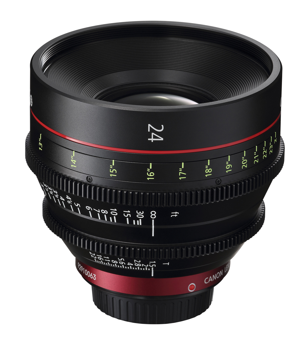 Canon CN-E 24 mm T1.5 L F Cine-Objektiv in schräger Vorderansicht mit sichtbarer Frontlinse.