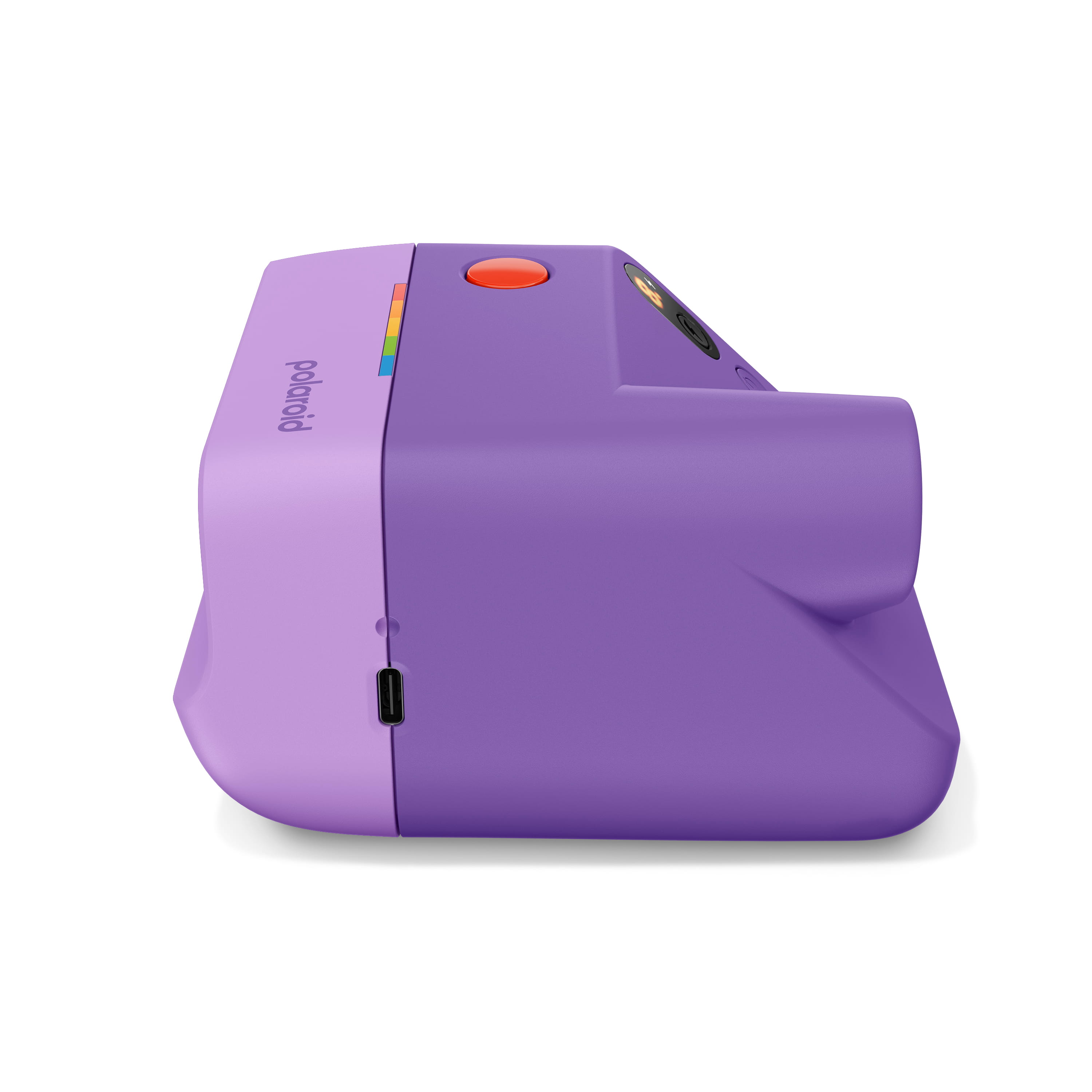 Rechte Seitenansicht der Polaroid Go Generation 3 in Lila mit USB-C-Anschluss und Gehäuseprofil