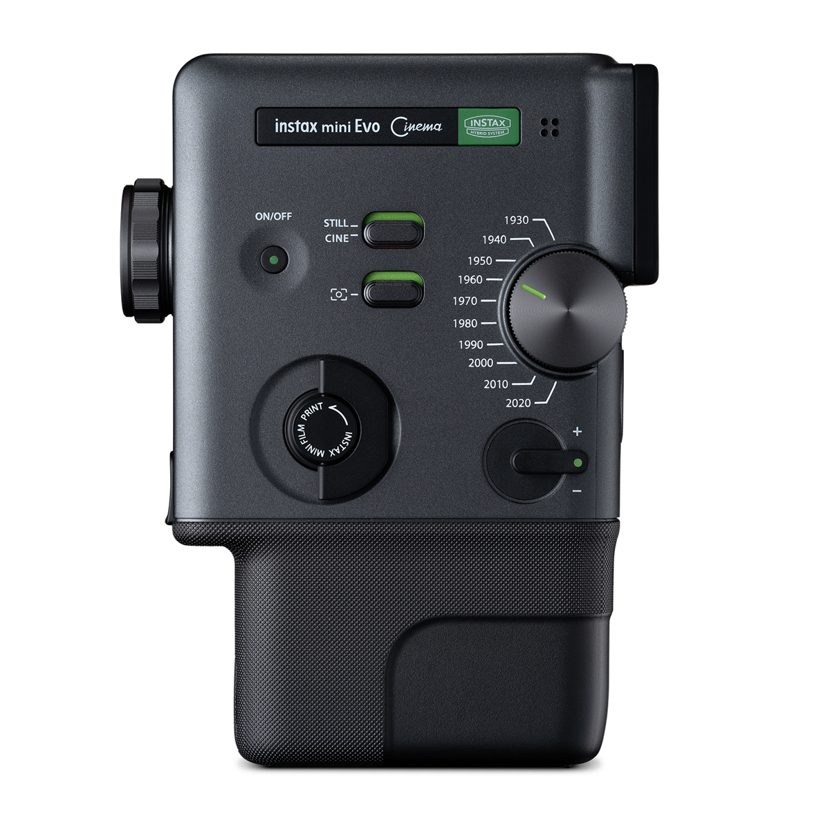 instax mini Evo Cinema FUJIFILM instax mini Evo Cinema – linke Seitenansicht mit Funktionsschaltern, Drehreglern und Filmhebel