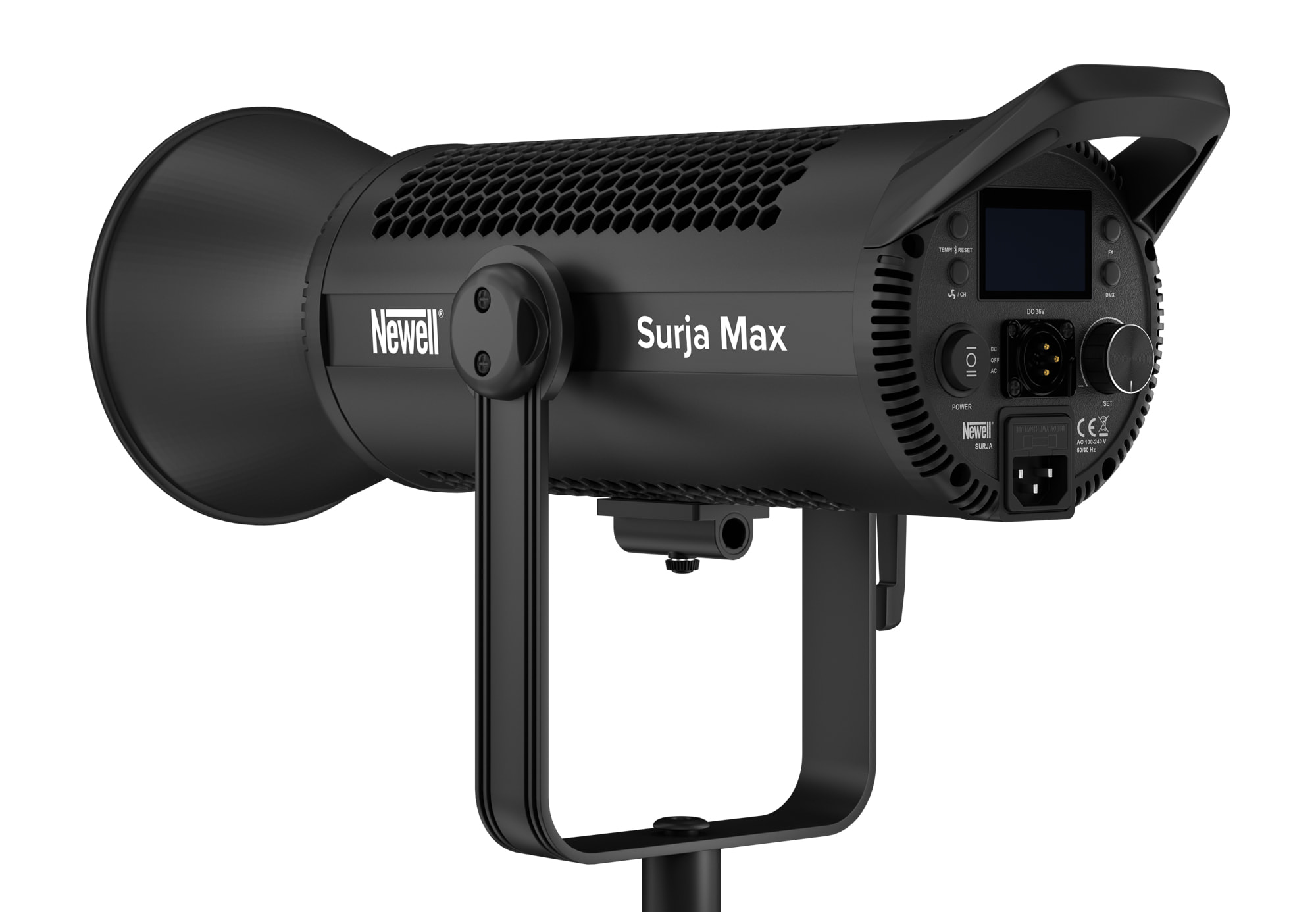 Newell Surja Max 500 LED-Leuchte in schräger Rückansicht mit Bedienfeld und Reflektor