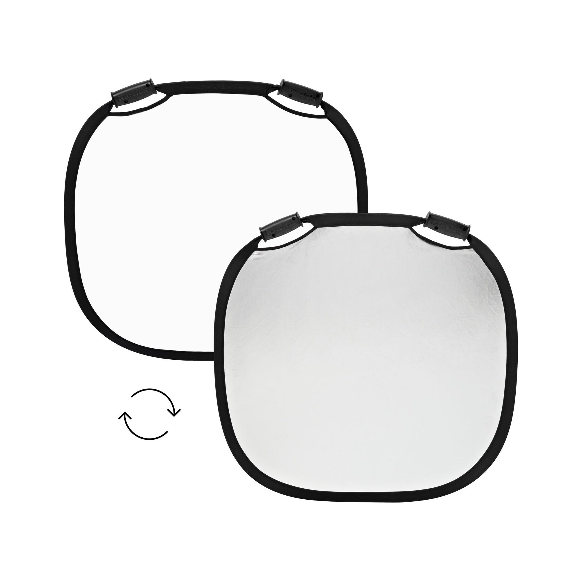 Profoto Collapsible Reflector mit silberner und weißer Reflexionsfläche, beidseitig verwendbar in Vorderansicht.