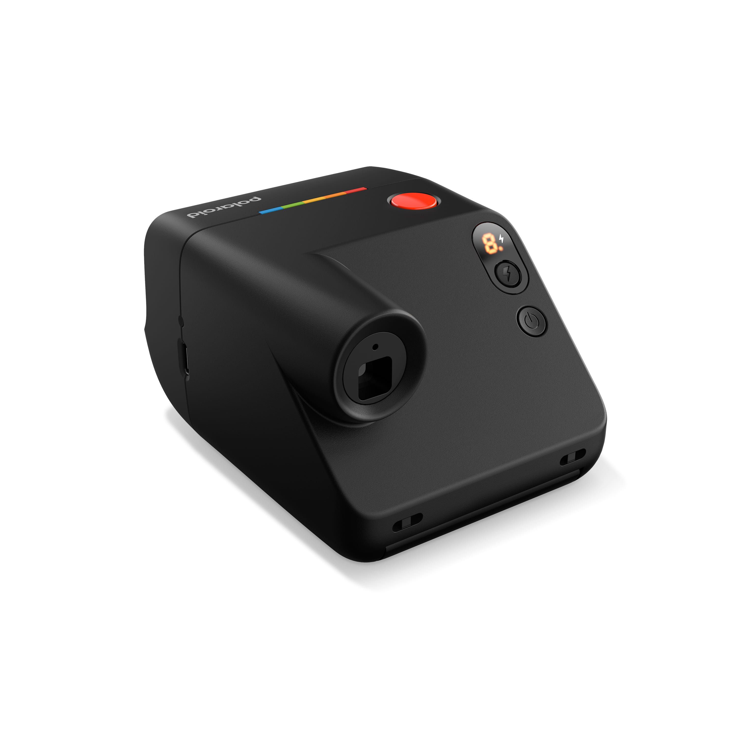 Polaroid Go Generation 3 in Schwarz in schräger Rückansicht mit Sucher, Statusanzeige und Auslöser