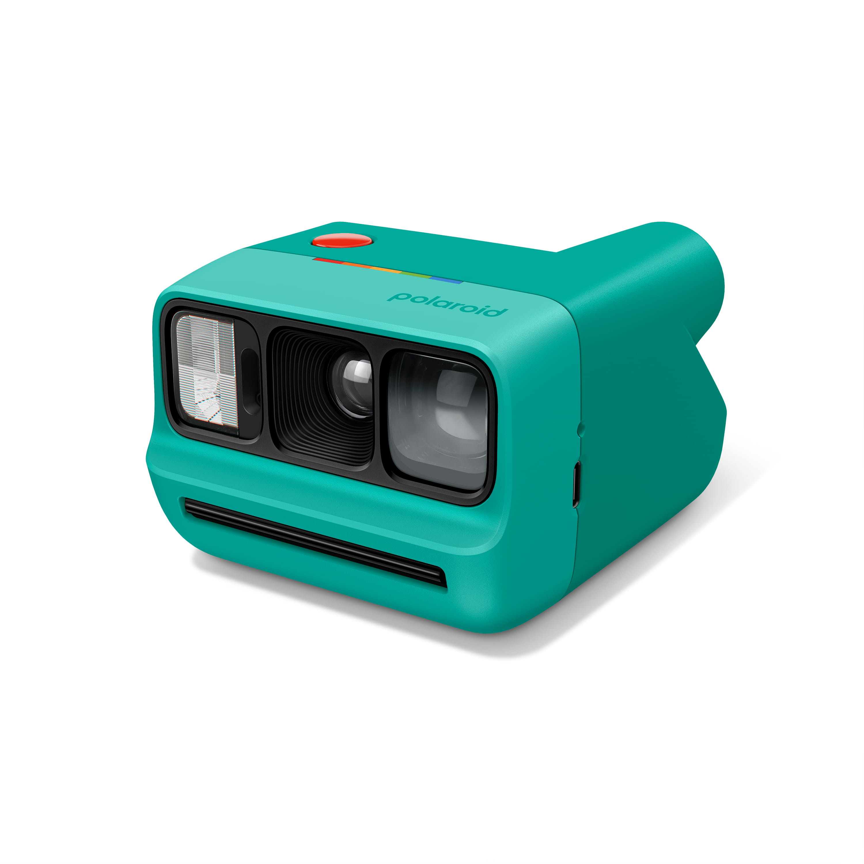 Polaroid Go Generation 3 in Türkis in schräger rechter Vorderansicht mit Objektiv und Blitz