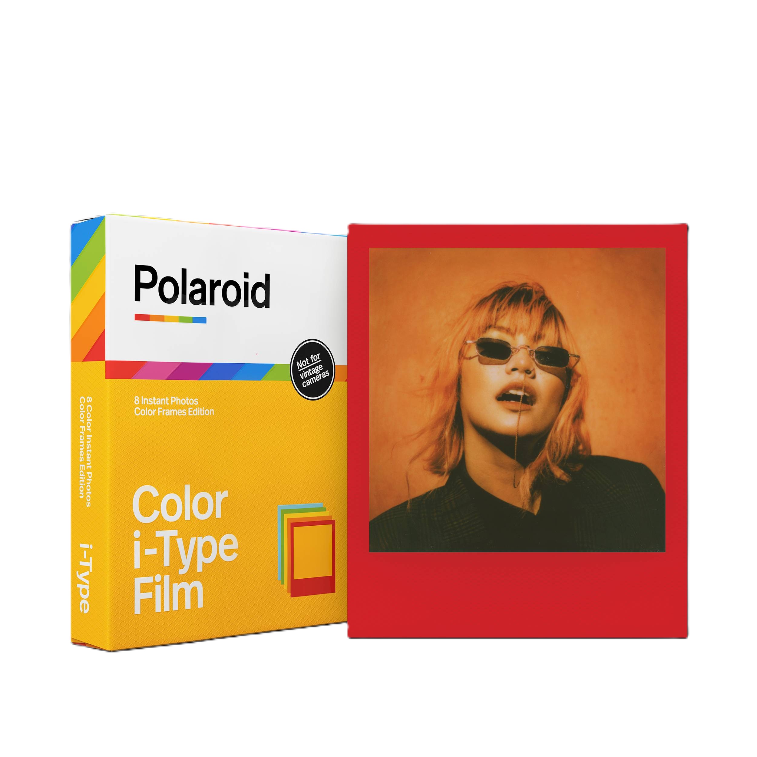 Polaroid Color i-Type Film Color Frames Edition – schräge Ansicht der Verpackung und Beispielbild mit farbigem Rahmen
