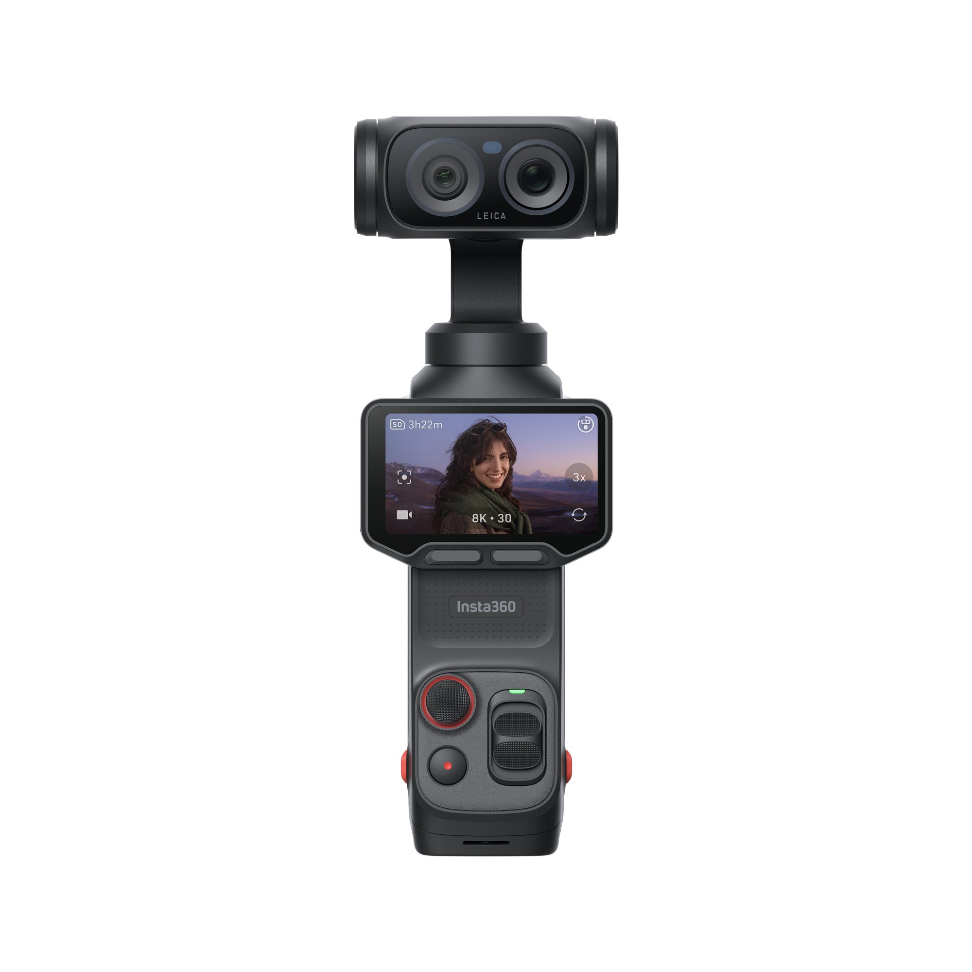 Insta360 Luna Ultra in Schwarz – Vorderansicht mit Leica-Kameraeinheit, Touchdisplay und Bedienelementen