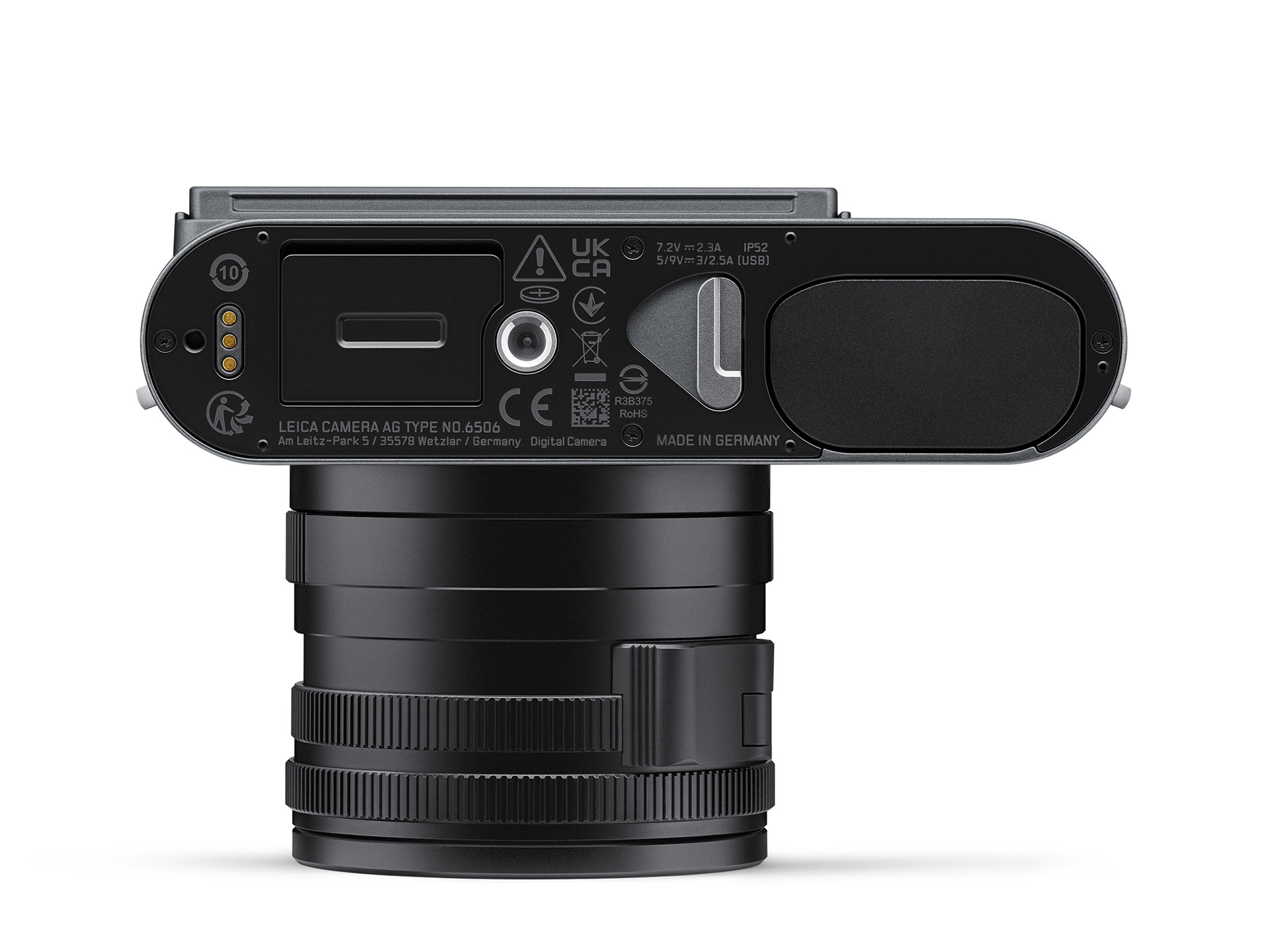 Unterseite der Leica Q3 in Metal Gray mit Akkuabdeckung und Stativgewinde