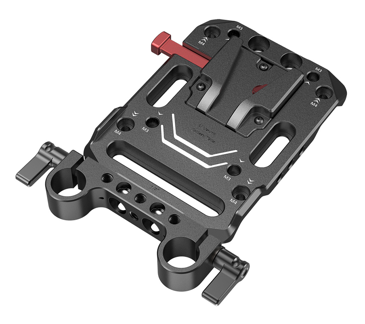 SmallRig V-Mount Batterieplatte mit 15mm Stabklemme – schräge Ansicht mit Montagepunkten und Verriegelung