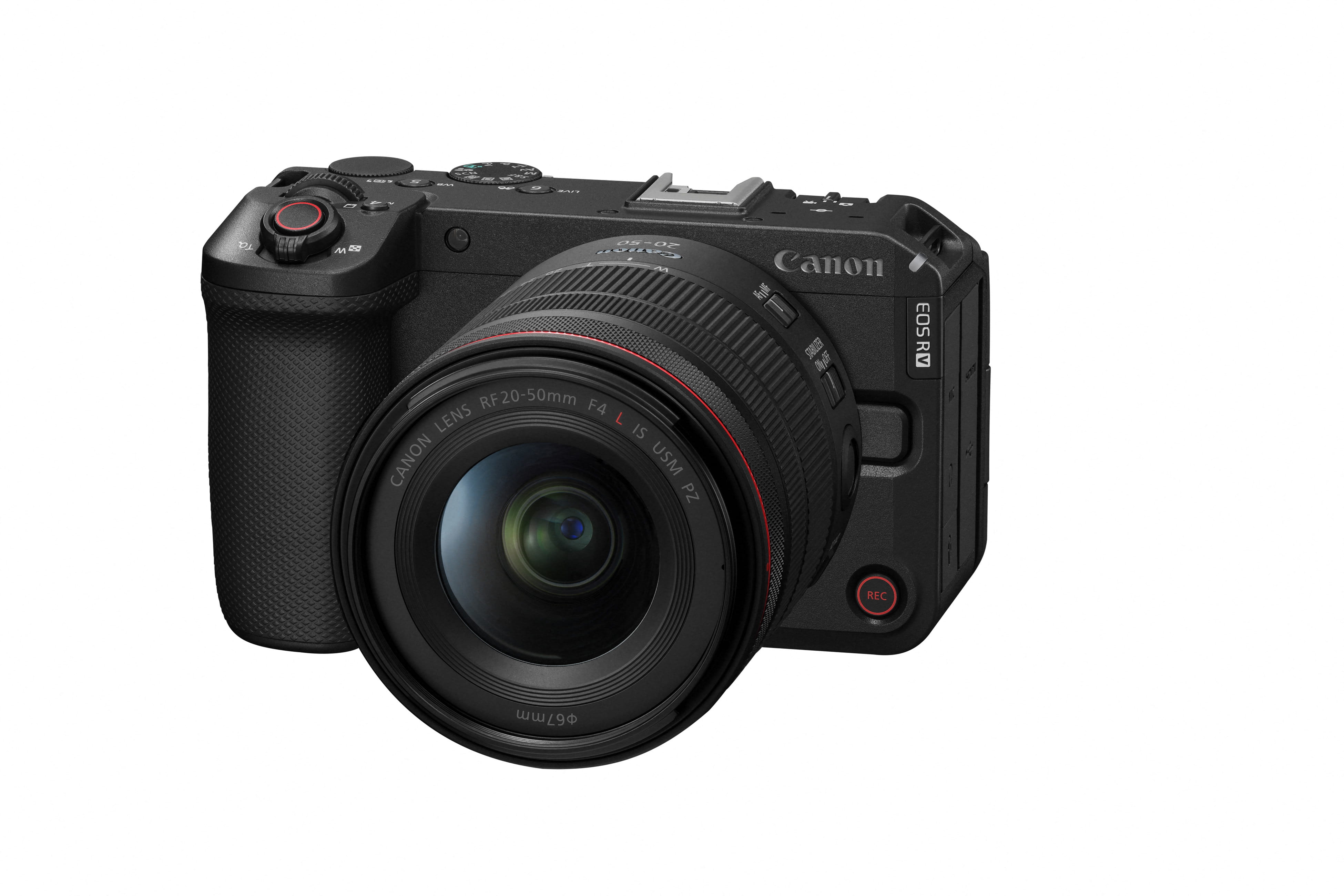 Canon EOS R6 V mit RF 20-50mm F4L IS USM PZ Objektiv in schräger Vorderansicht